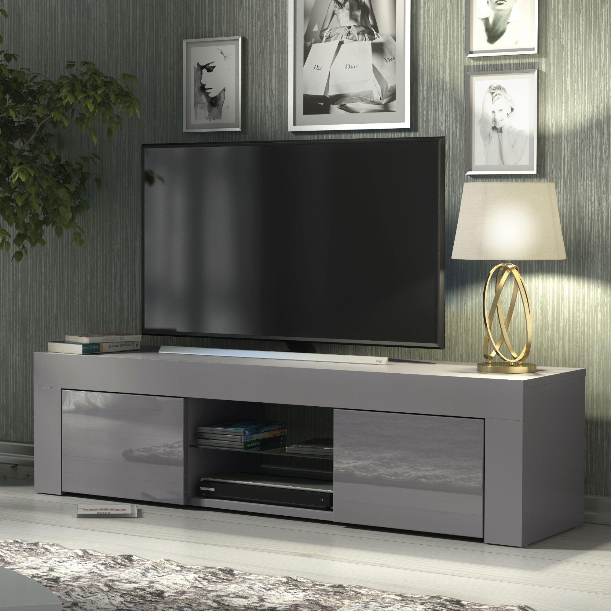 Creative Furniture TV Unit 130cm Modern - Dark Grey with High Gloss Doors