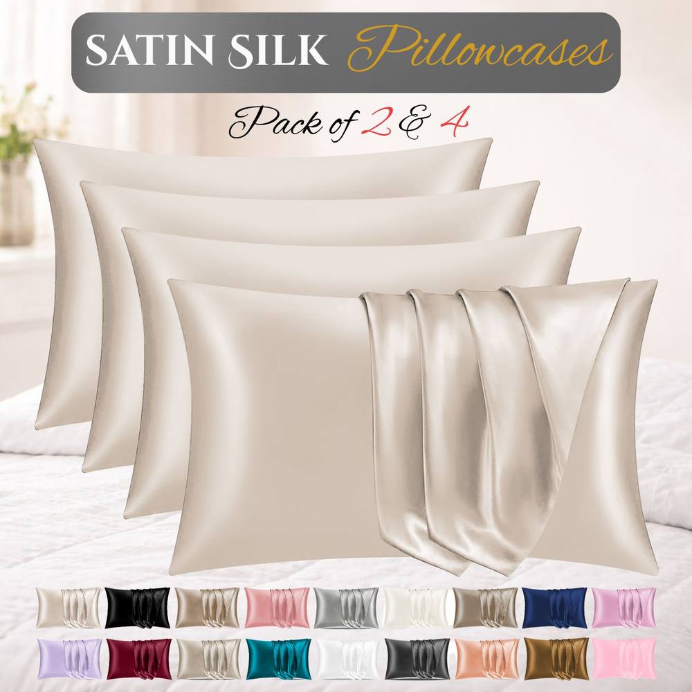 Grace Satin Silk Pillow Cases Pack of 4 Super Soft Smooth Pillow Covers in Beige