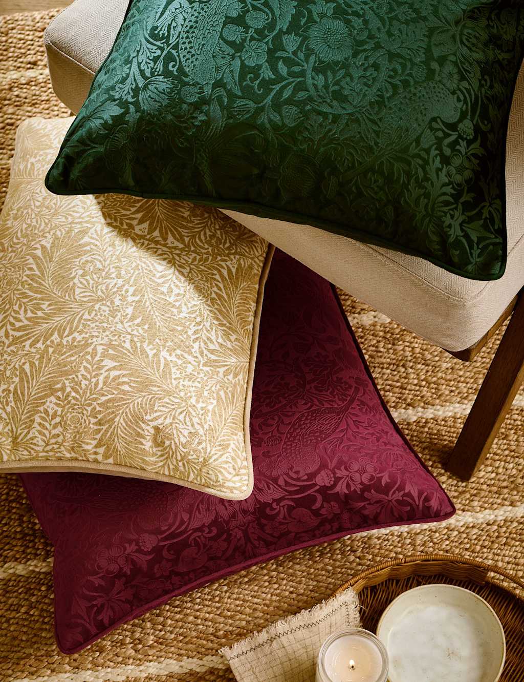 William Morris At Home Velvet Strawberry Thief Cushion Green