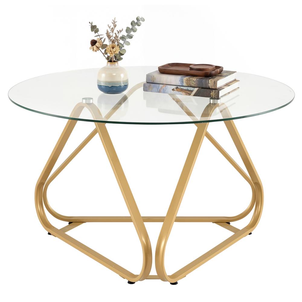 Costway Tempered Glass Coffee Table Round Accent Table Center Cocktail Table in Gold