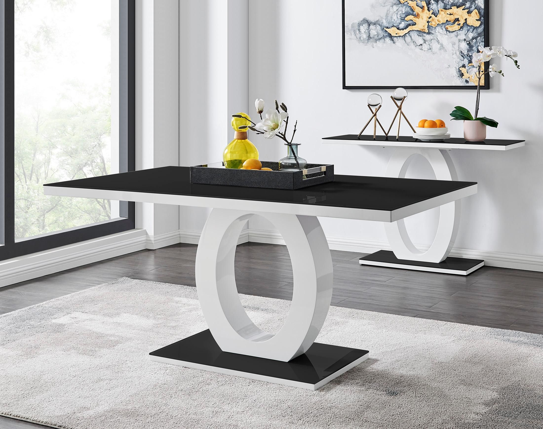 FurnitureboxUK Giovani Rectangular 6 Seat White High Gloss Unique Halo Base Dining Table Black Glass Top 6 Soft Velvet Silver Leg Pesaro Chairs 3