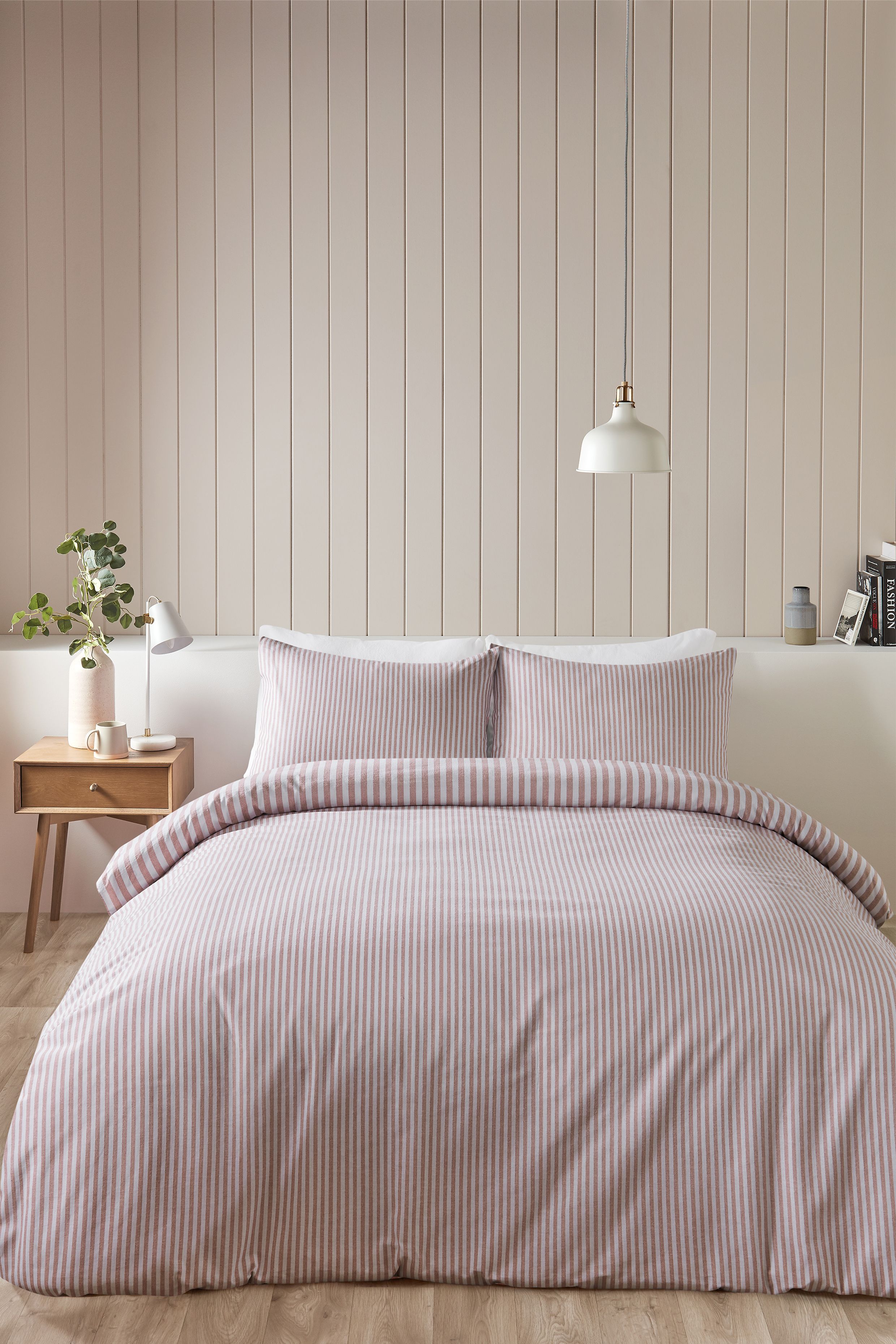 Catherine Lansfield Brushed Stripe 100% Cotton Duvet Cover Set in Pink 2