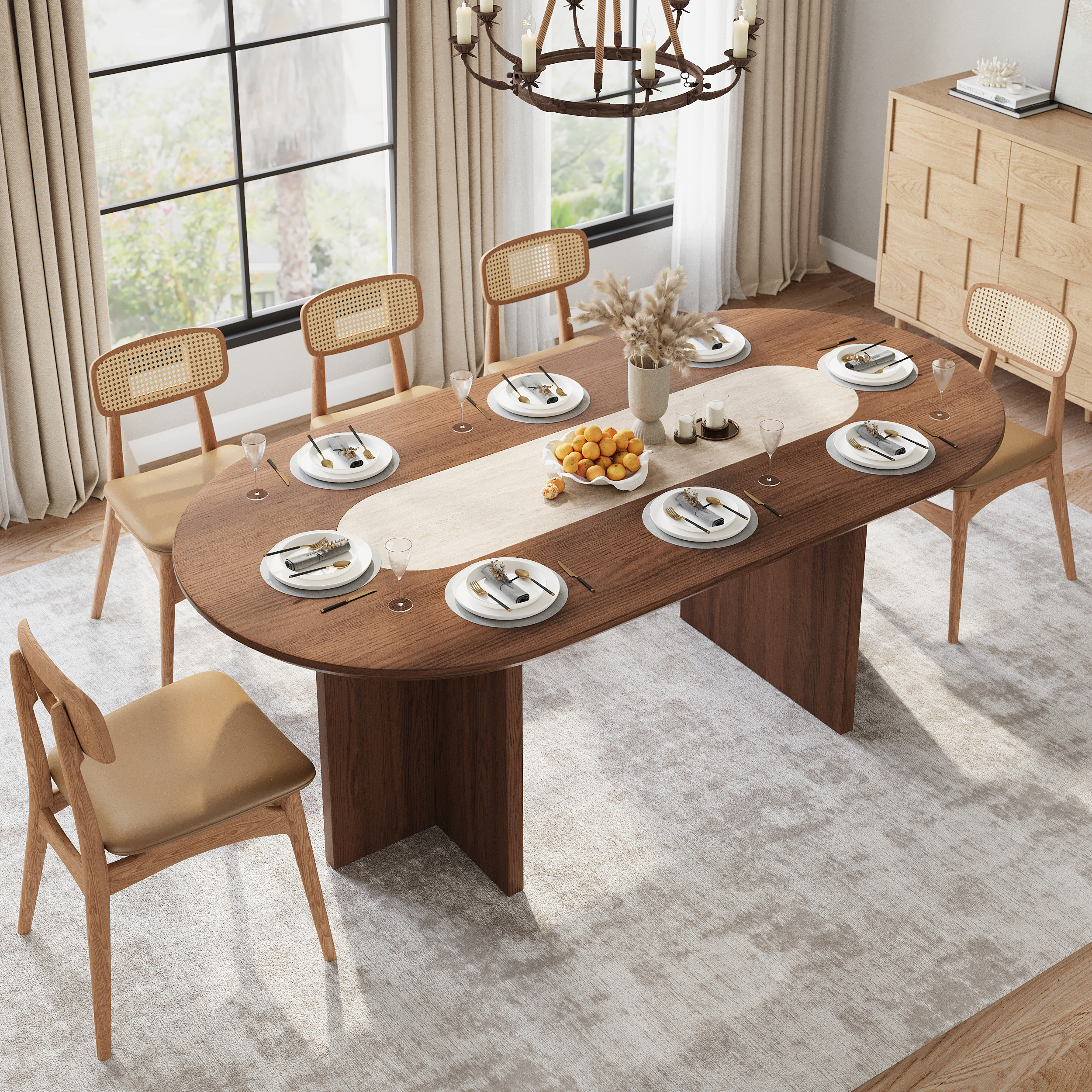 Mid-Century Oval Dining Table with Faux Marble Top and Plywood Base for 8 People Modern