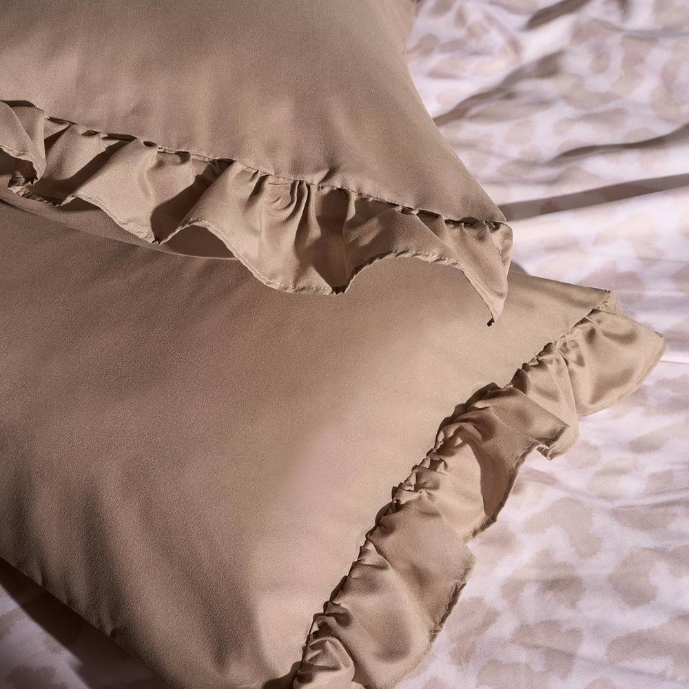 OHS 2 x Frill Edge Decor Pillowcases Microfibre Pillow Covers in Natural