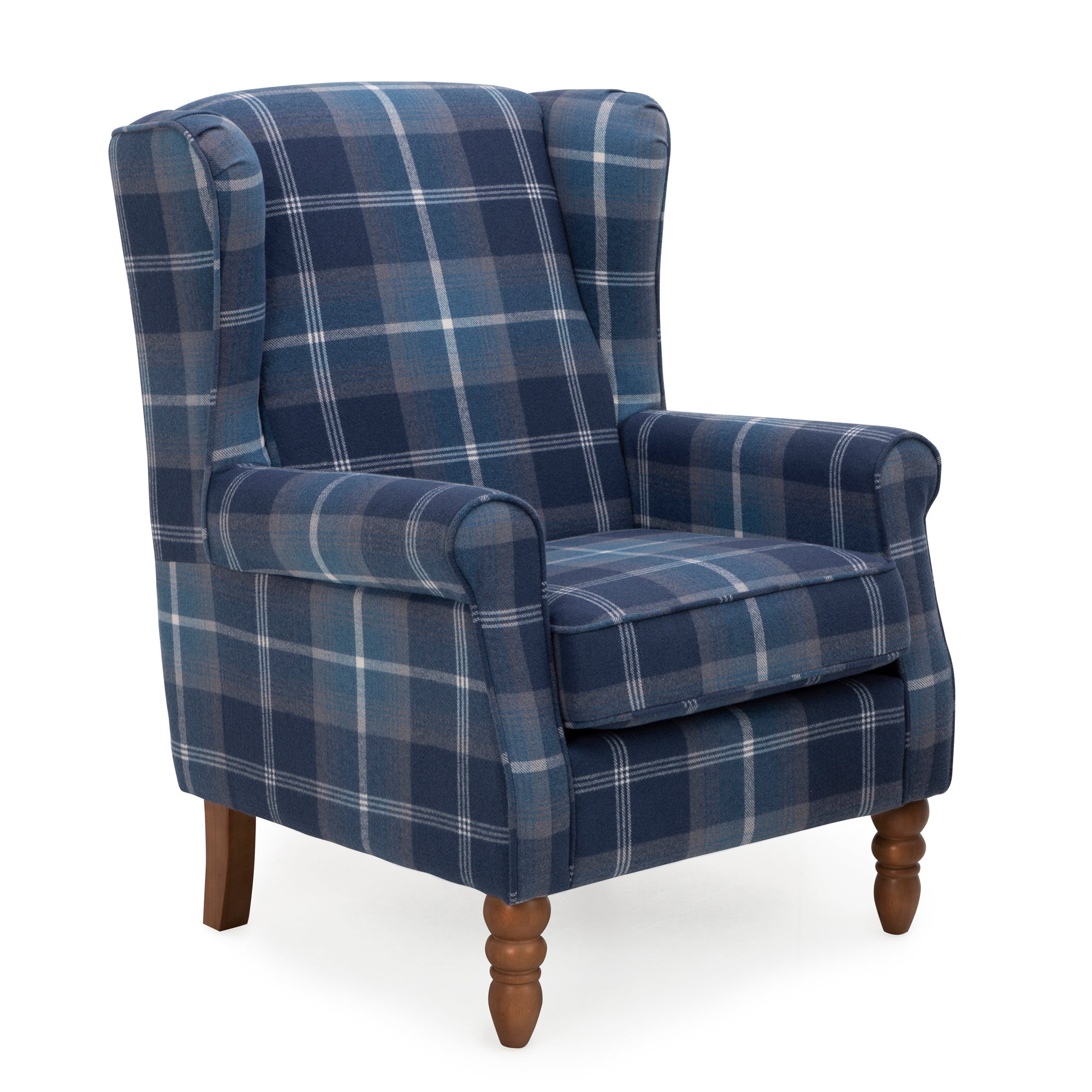 Oswald Check Wingback Armchair Blue, Beige and White