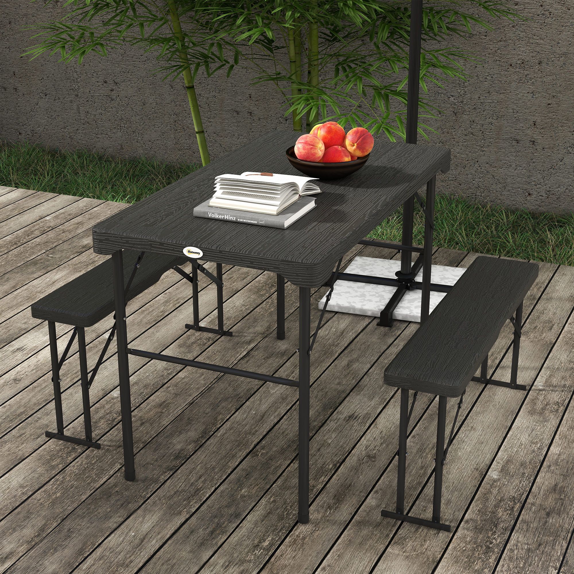 OUTSUNNY HDPE Picnic Table Set w/ Dining Table & 2 Benches for 6, Dark Grey