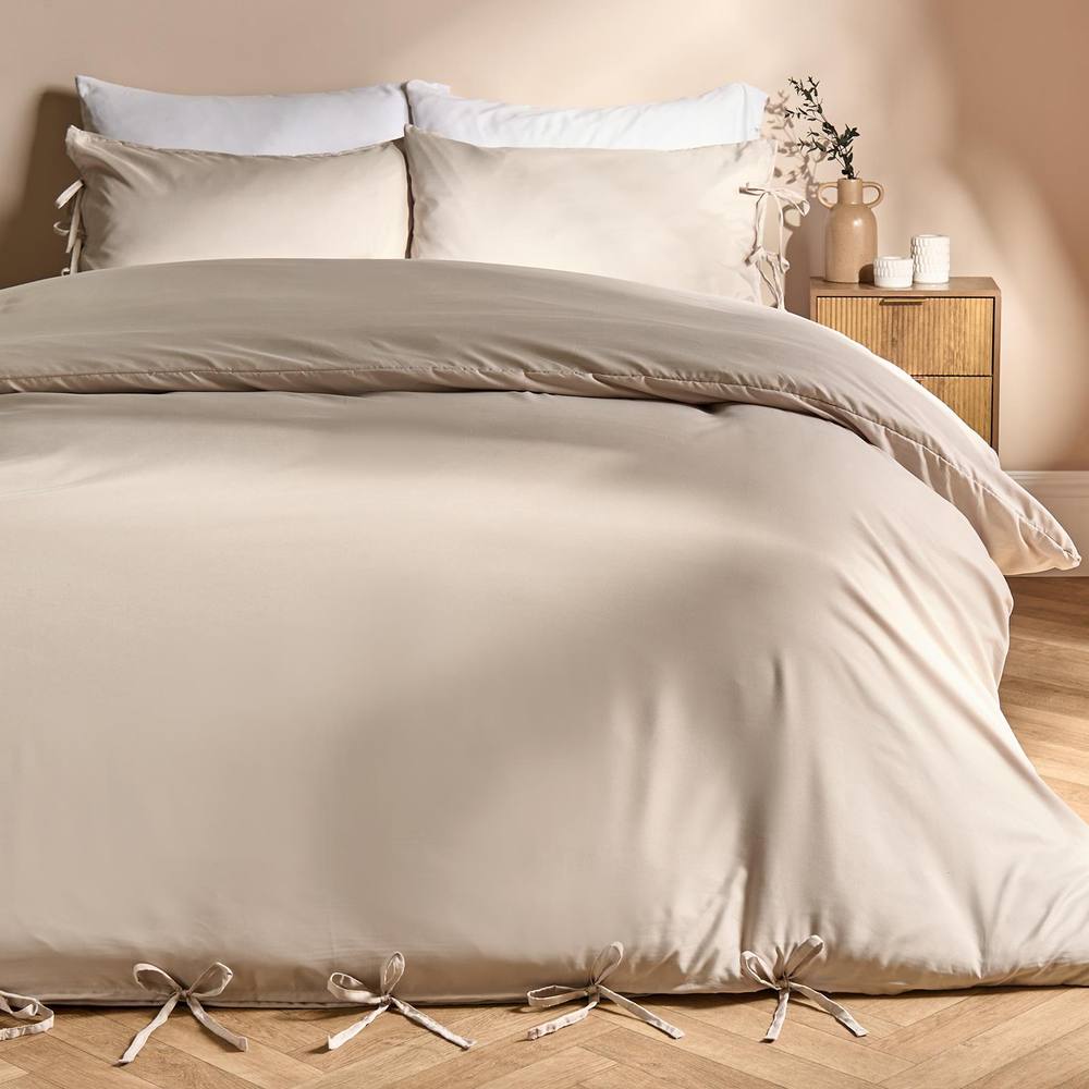OHS Bow Tie Solid Dye Duvet Cover Set Bedding with Pillowcase in Stone
