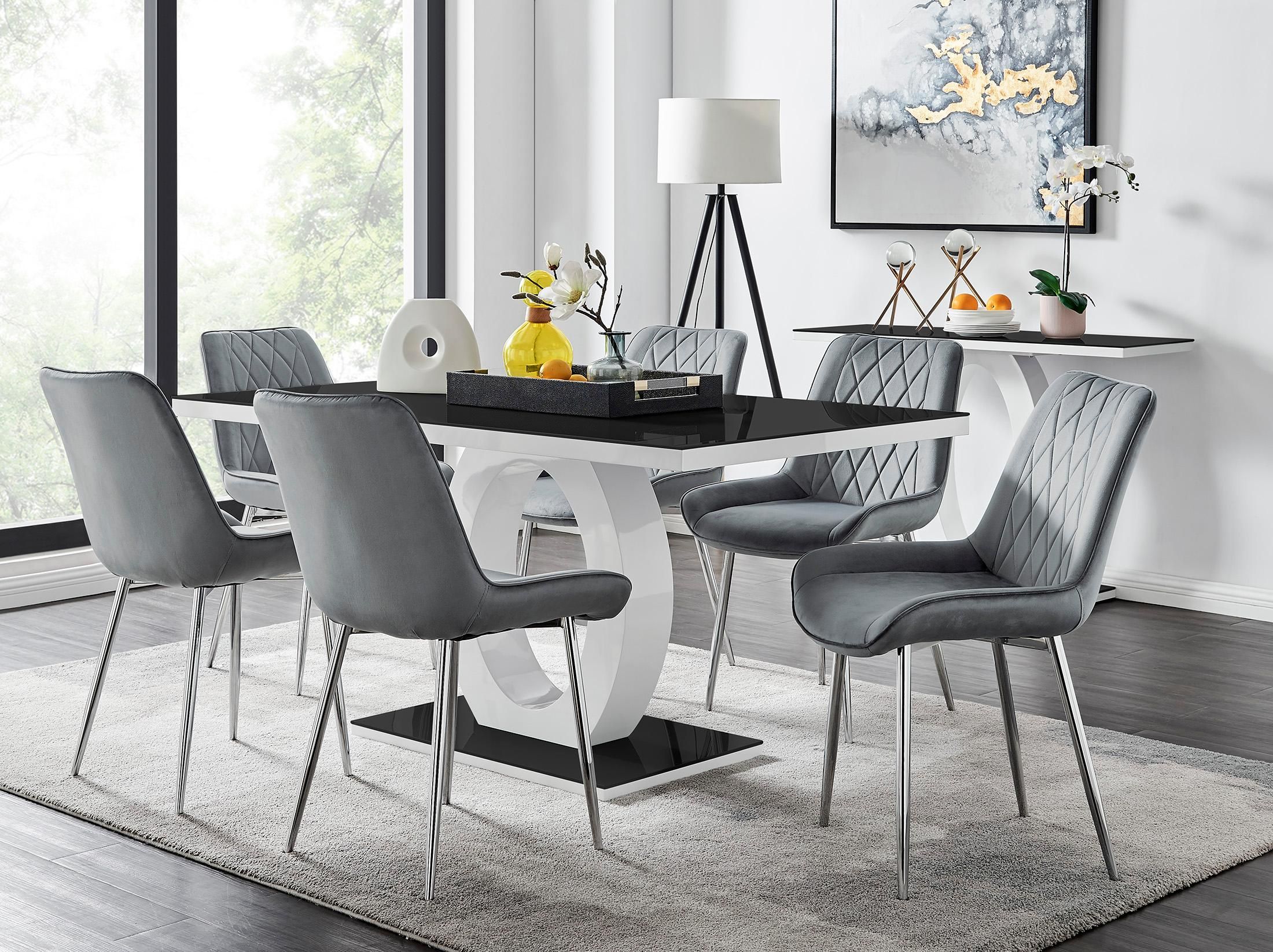 FurnitureboxUK Giovani Rectangular 6 Seat White High Gloss Unique Halo Base Dining Table Black Glass Top 6 Soft Velvet Silver Leg Pesaro Chairs