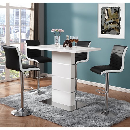 Parini White Gloss Bar Table With 4 Ritz Black And White Stools