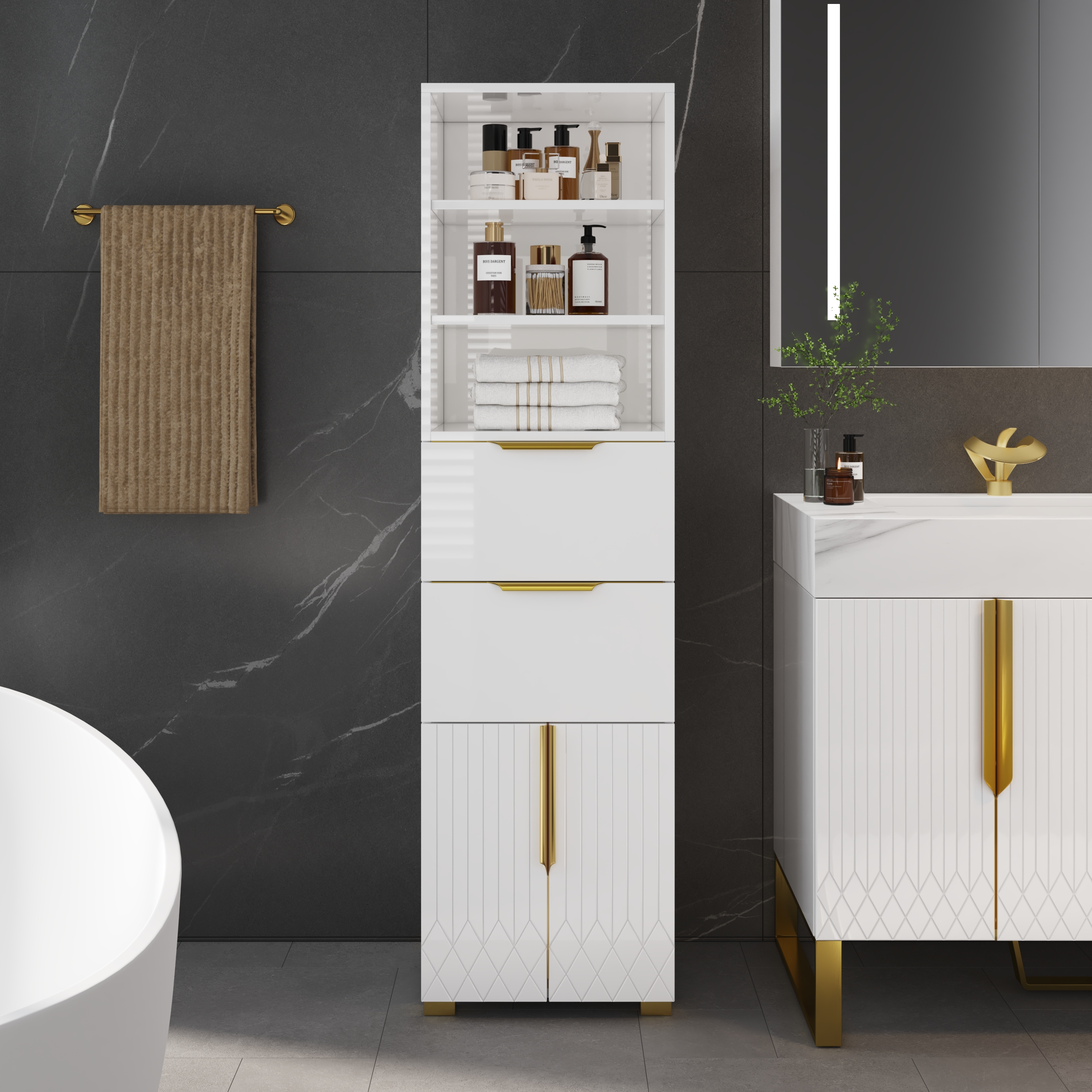 Aro 59" Freestanding Bathroom Storage Cabinet with Shelves, Drawers & Doors