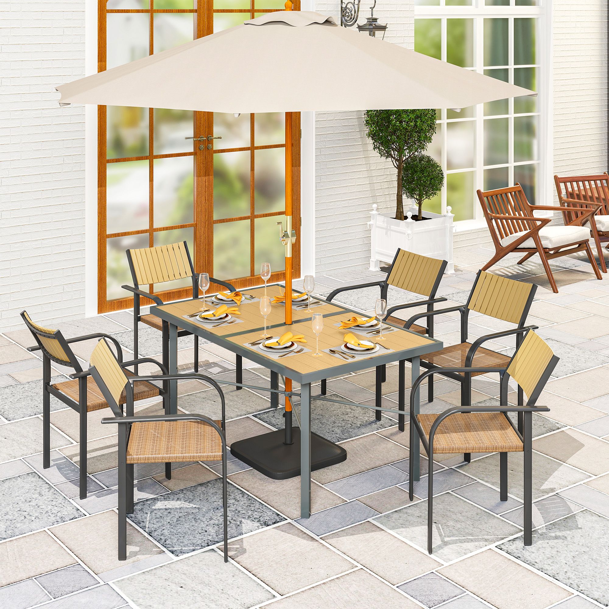 OUTSUNNY Garden Table for 6, Outdoor Dining Table with 5cm Umbrella Hole in Natural