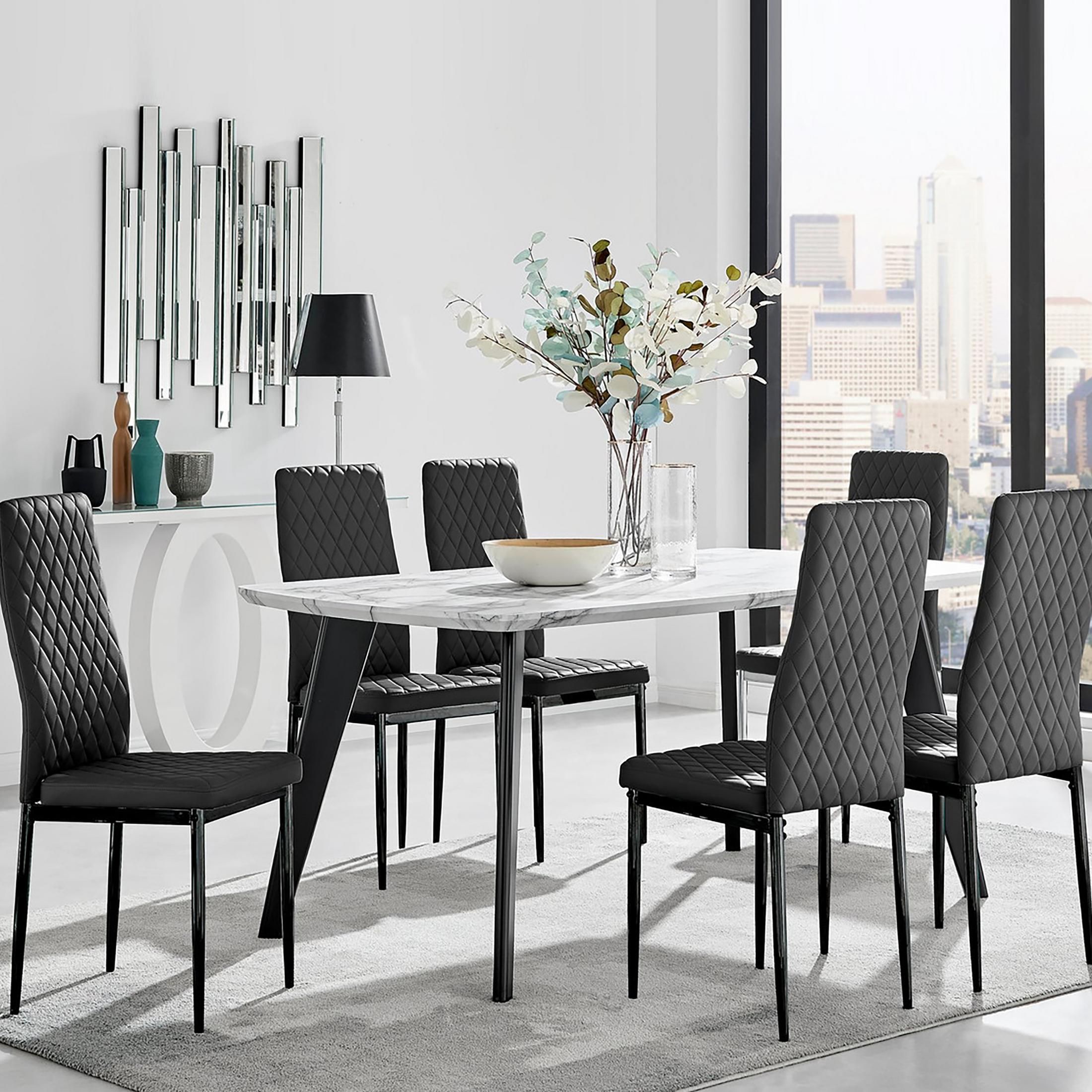 FurnitureboxUK Andria White Marble Effect & Black Leg 6 Seater Dining Table & 6 Milan Faux Leather Chairs
