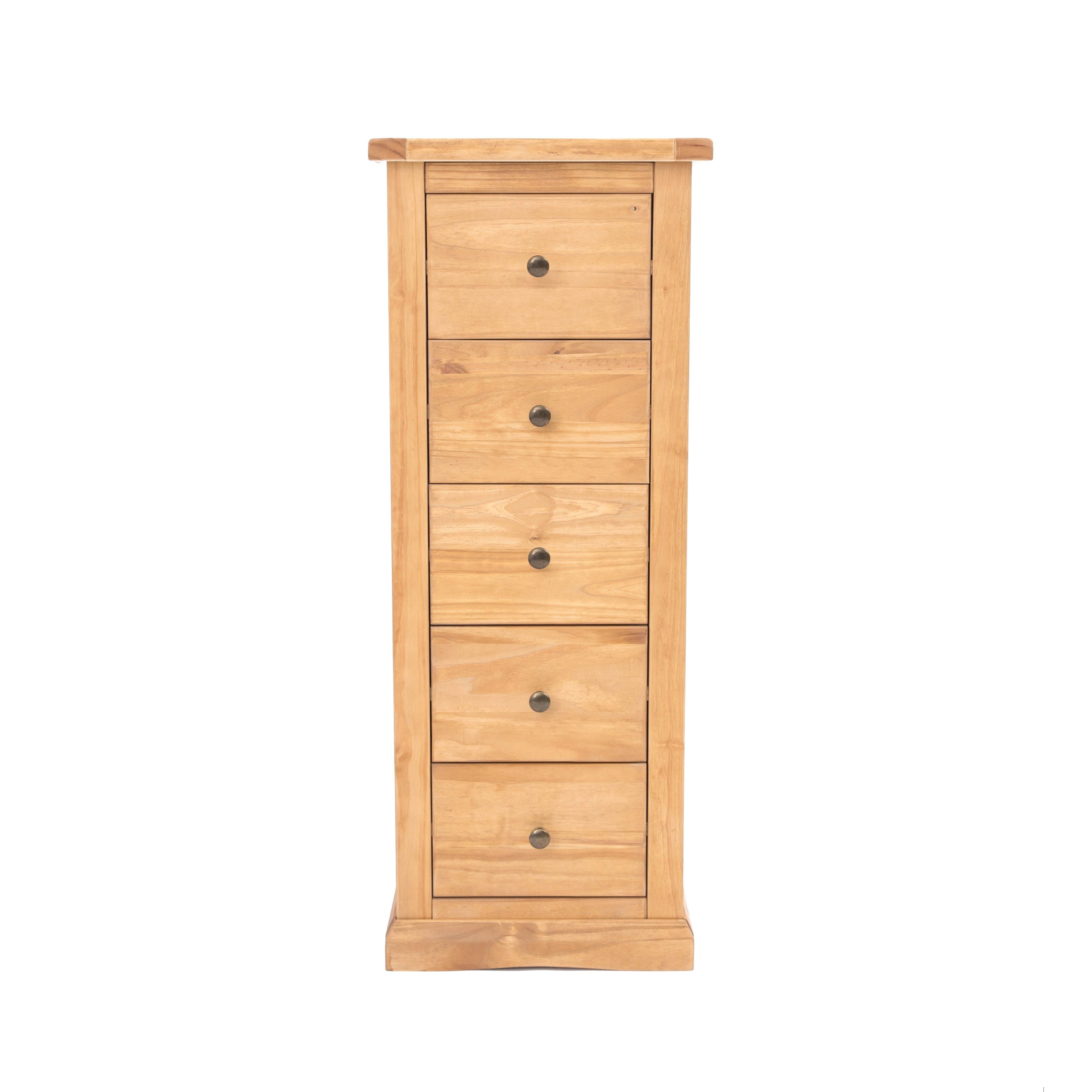Cabinet Bits Lucca 5 Drawer Narrow Chest of Drawers Brass Knob in Light Brown