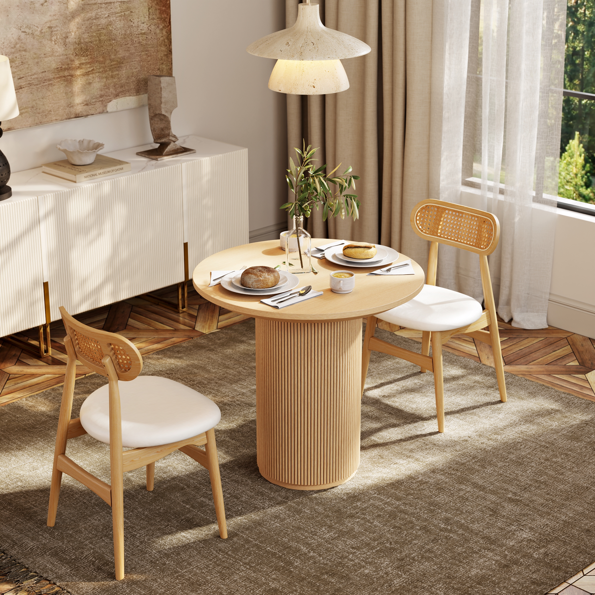 Round Small Dining Table Natural Wood Tabletop for 2 Person Japandi