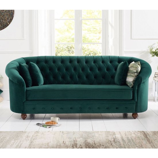 Casiop Chesterfield Plush Fabric 3 Seater Sofa In Green