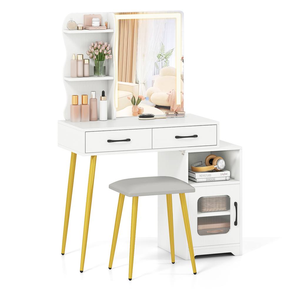 Costway Modern Vanity Set w/ Drawer & Lights Makeup Dressing Table w/ Stool in White