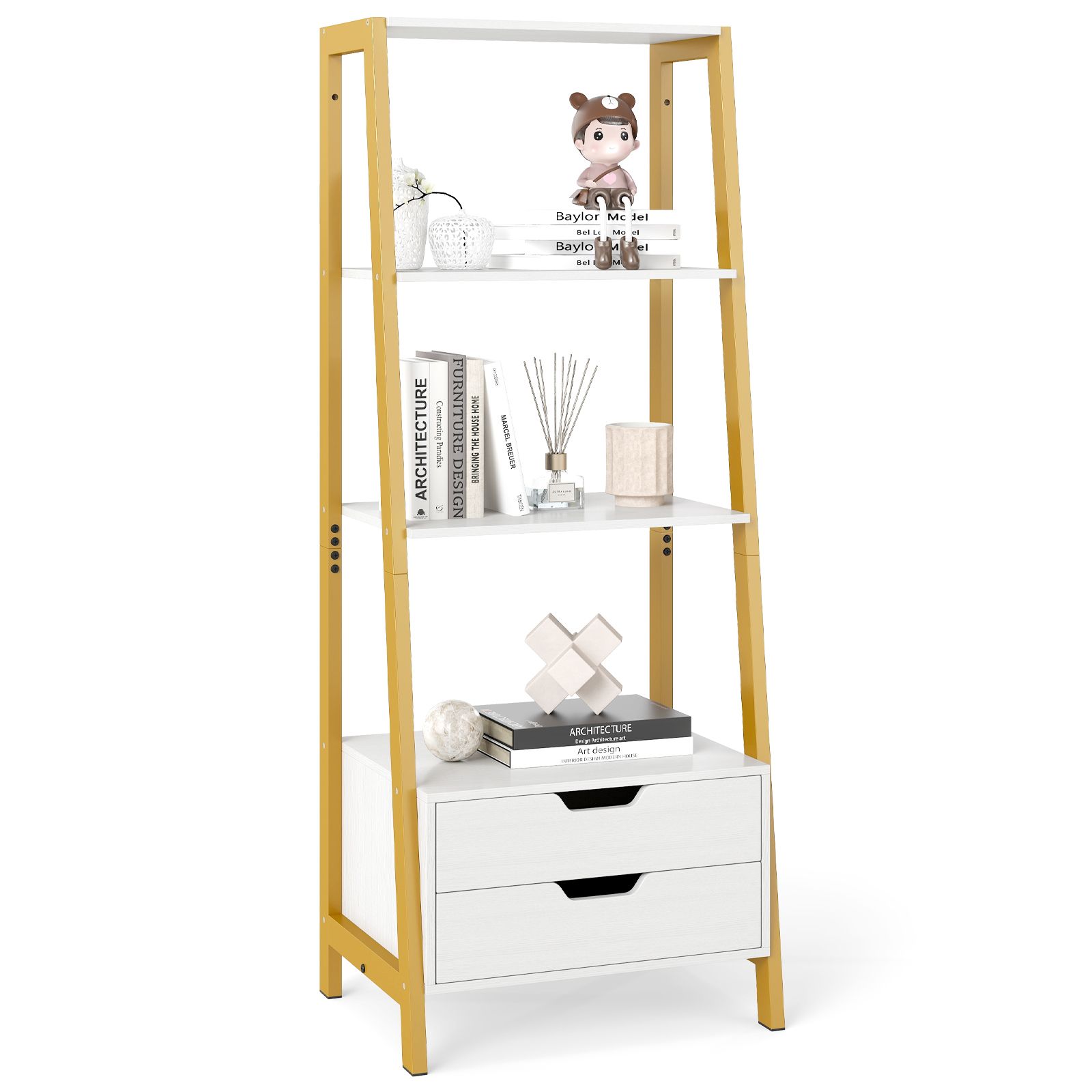 Costway Ladder Bookshelf Tall Freestanding Display Rack with Storage-White in White