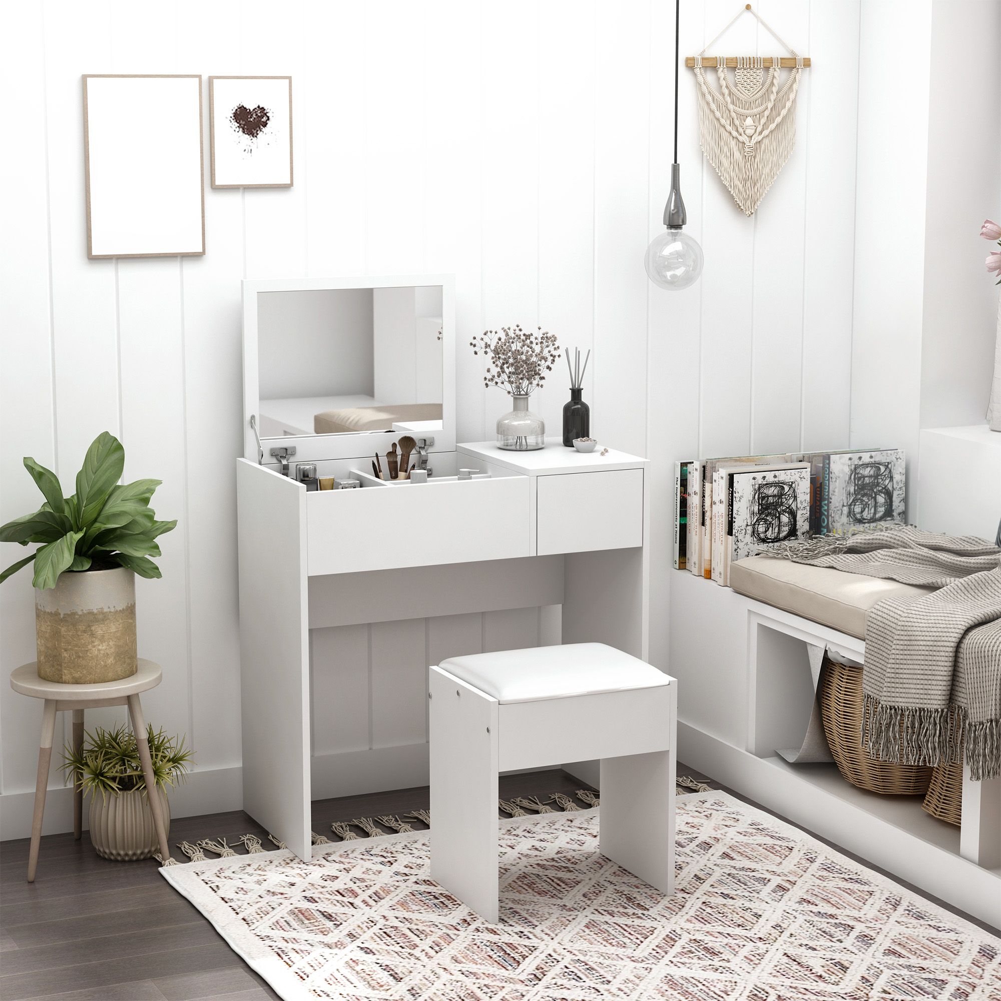 HOMCOM Dressing Table Set Cushioned Stool Flip-up Mirror Drawer Chipboard in White