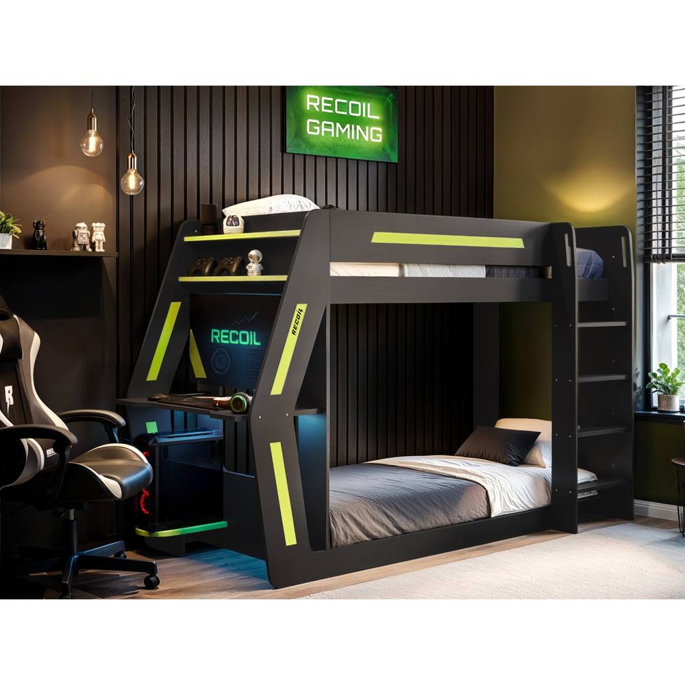Flair Alister Gaming Bunk Bed with Desk Charcoal & Green