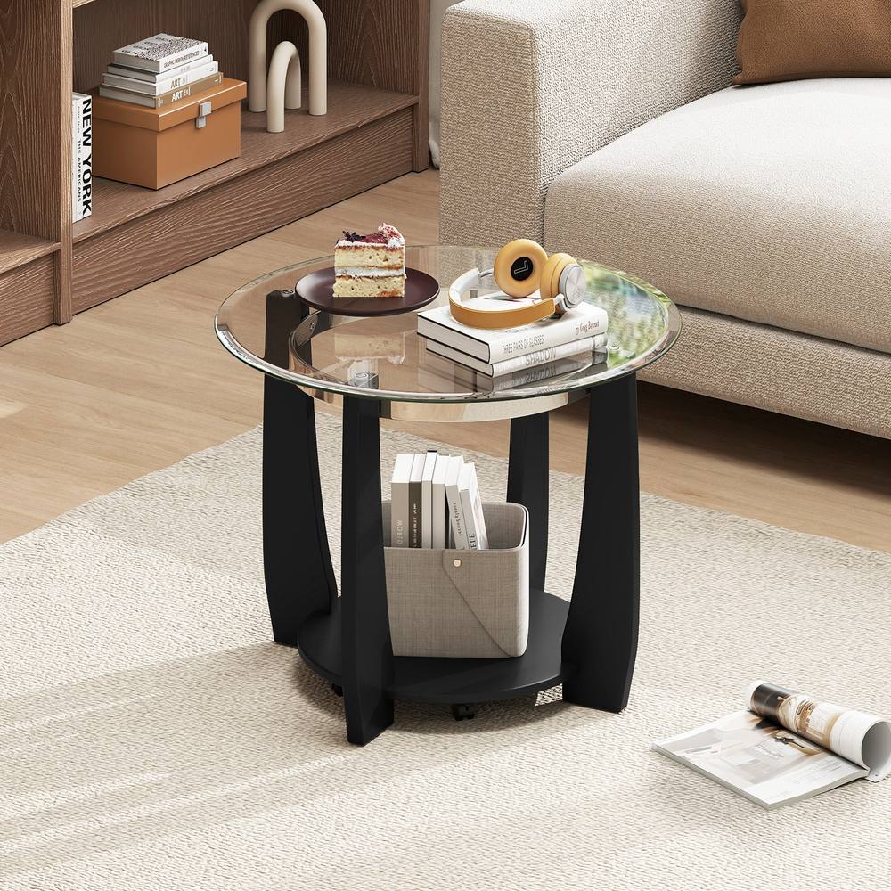 Costway Rolling Glass Round Coffee Table 2-Tier Cocktail Table w/Storage Shelf in Black