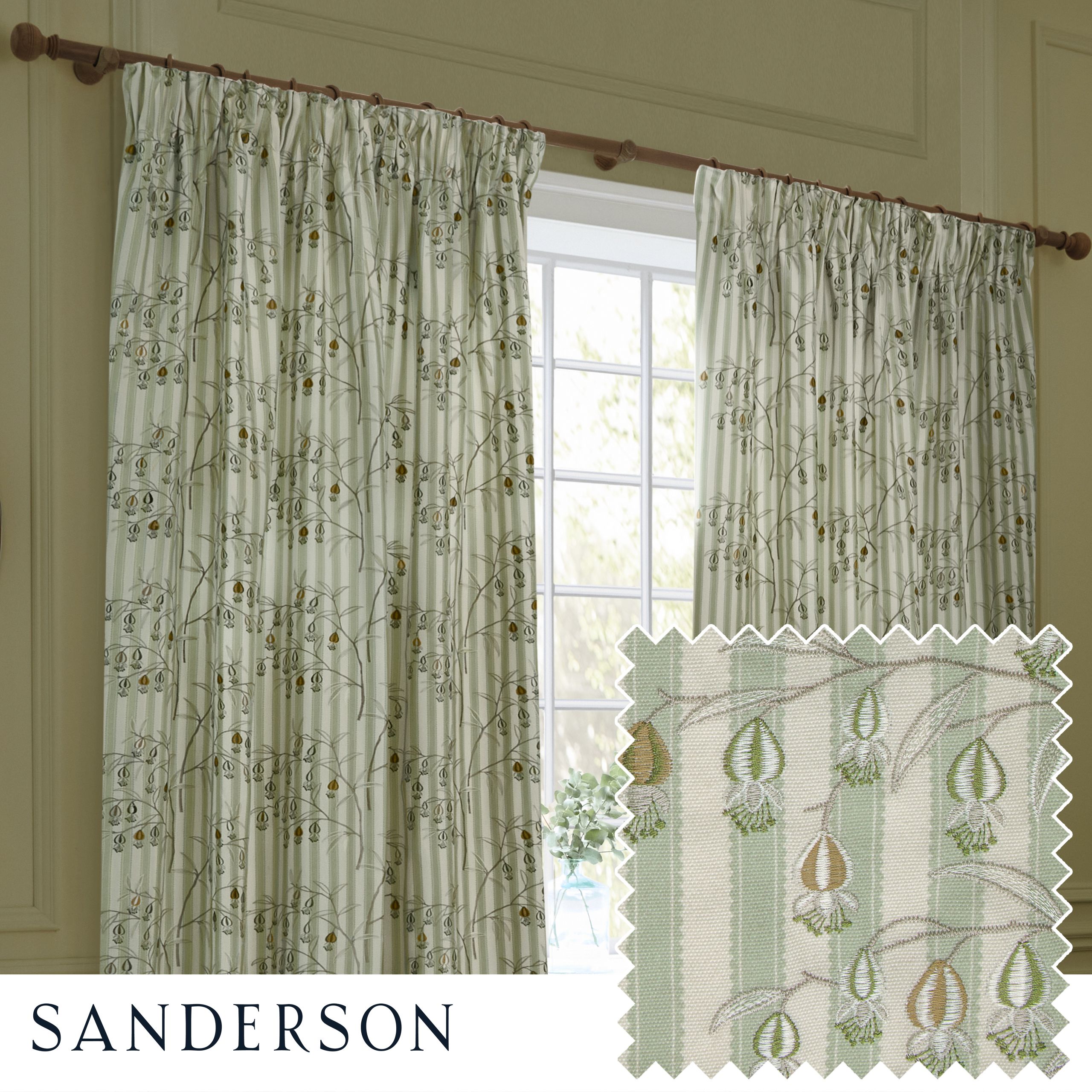 Sanderson Chinese Lanterns Embroidered Room Darkening Pencil Pleat Curtains in Light Green