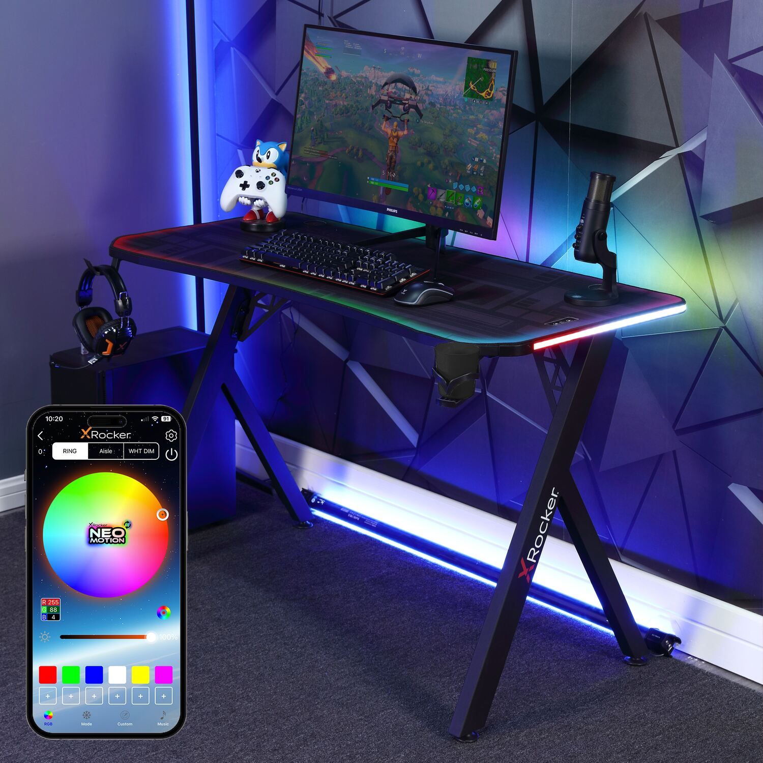 X Rocker Lumio LED Gaming Desk, Mousepad, Cupholder & Headphone Hook in Black