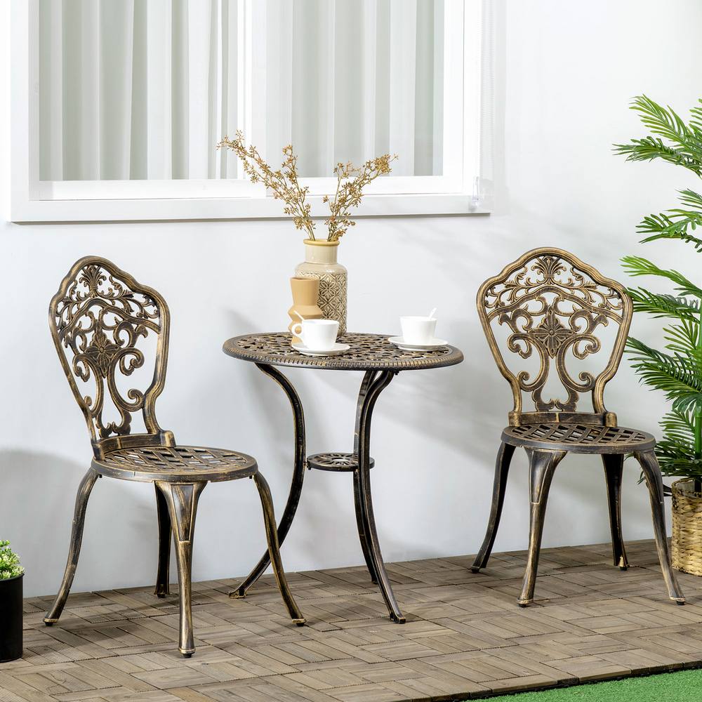 OUTSUNNY 3 PCs Cast Aluminium Bistro Set w/ Parasol Hole for Balcony, Brown in Bronze