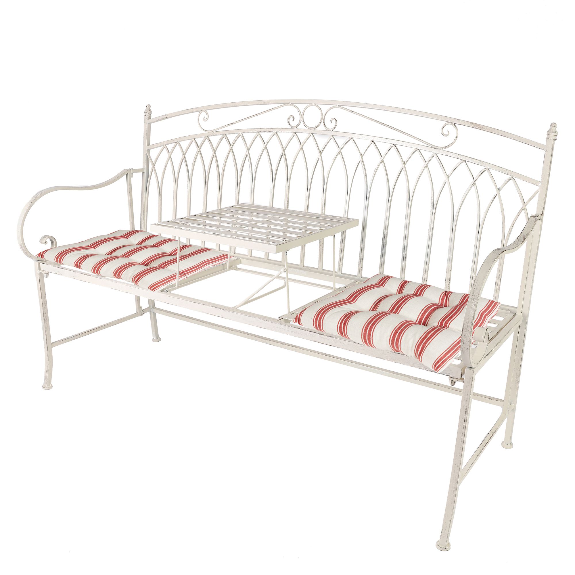 Dibor Vintage Large Cream Arched Outdoor Garden Furniture Companion Seat Bench with Free Set of 2 Red Seat Pad Cushions