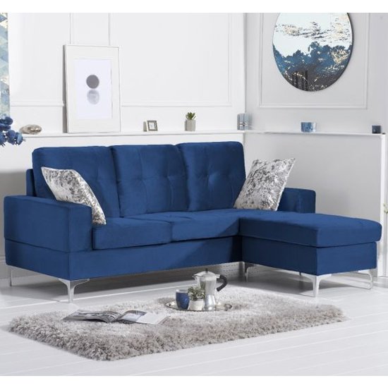 Wacox Velvet Reversible Chaise Corner Sofa In Blue