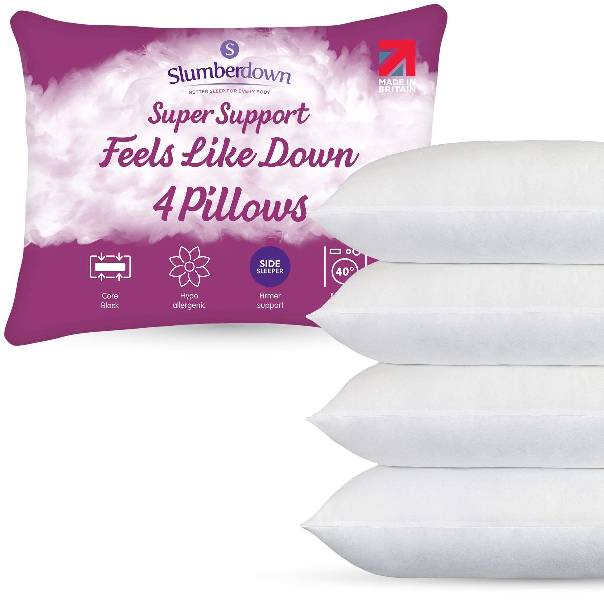 Slumberdown 4 Pack Feels Like Down Super Support Side Sleeper Firm Pillows in White