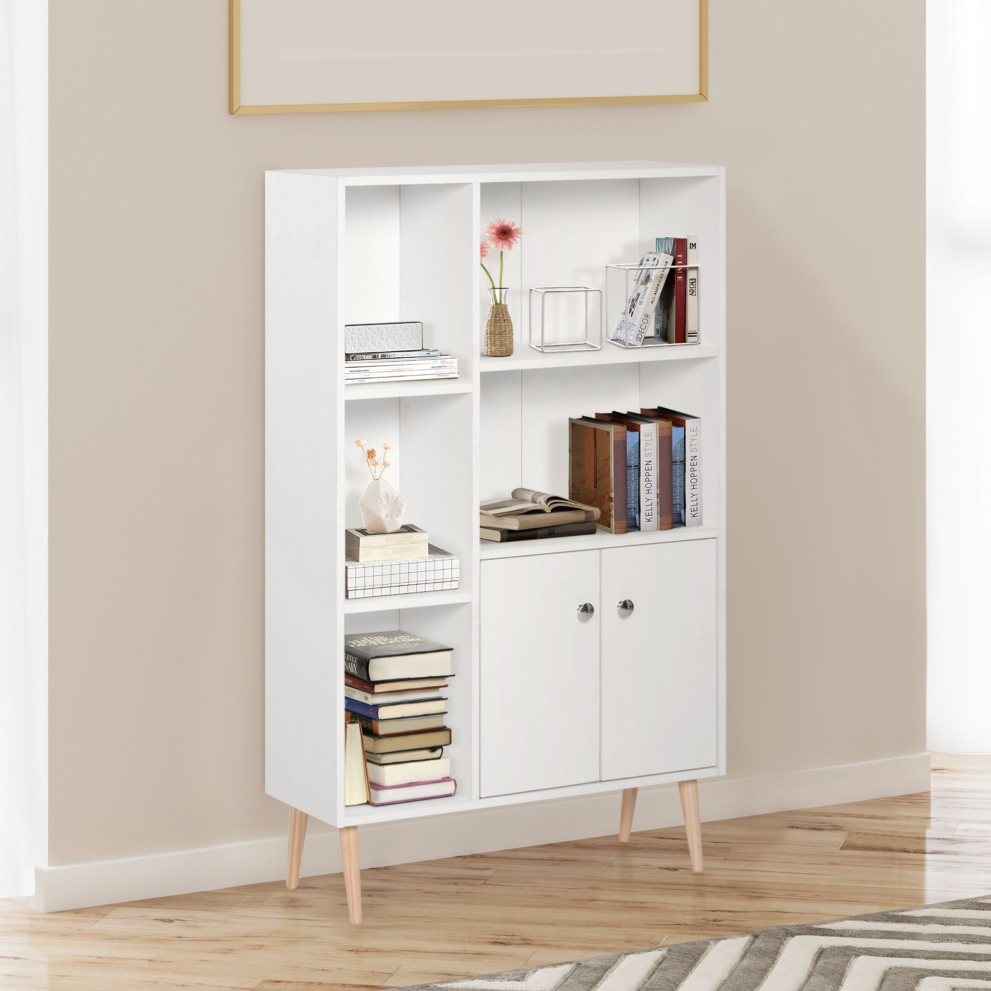 HOMCOM Bookcase Storage Cabinet Shelves Unit Free Standing Two Doors Wooden in White