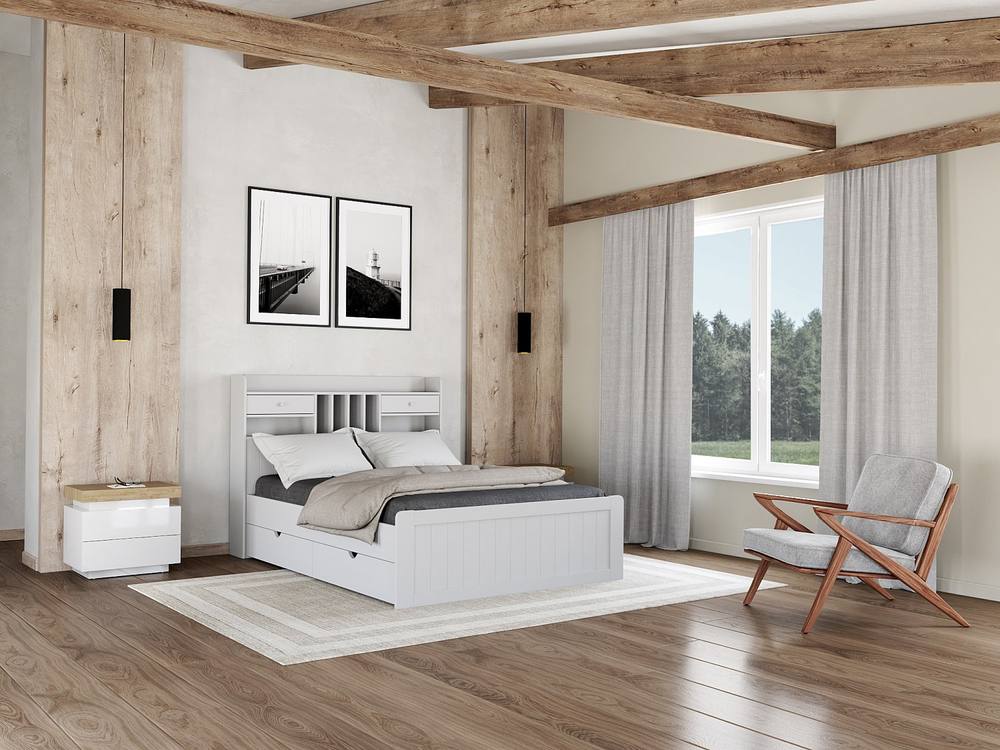 Vente-unique 140 X 190 Cm Bed With Storage - Pine - White + Bed Base - MEDERICK