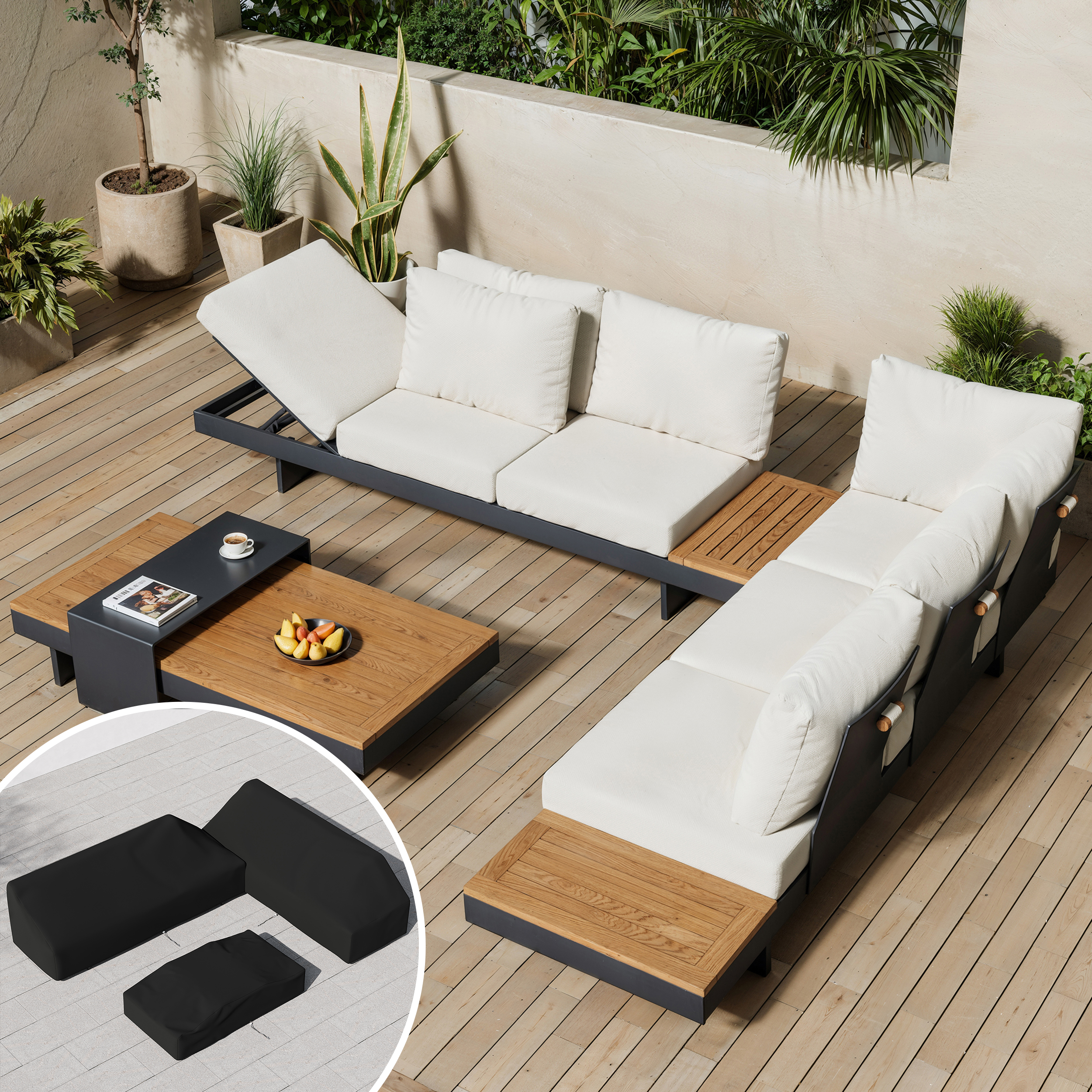 4-Piece Modular Outdoor Sofa Set for 6 with Teak Table & Beige Cushions, Includes Protective Covers