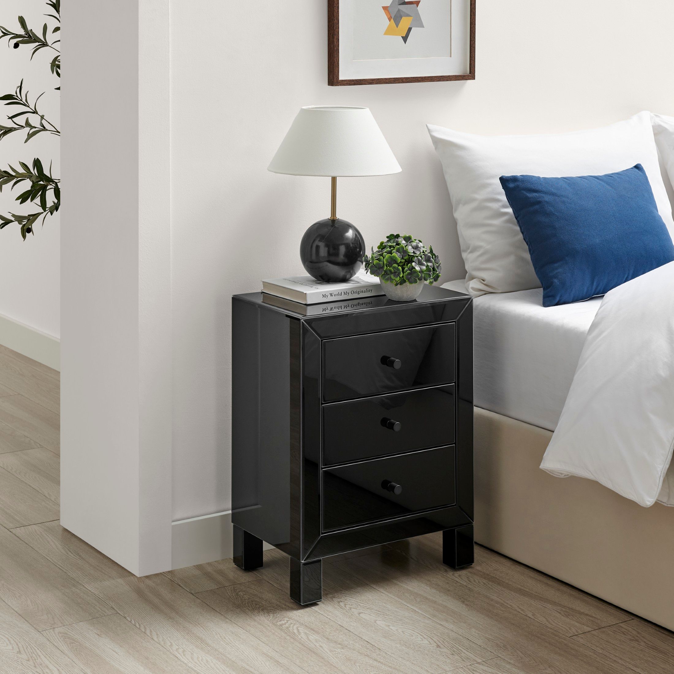 FurnitureboxUK Lexi Large Wooden Bedside Table with 3 Drawers & a Modern Mirrored Finish in Black