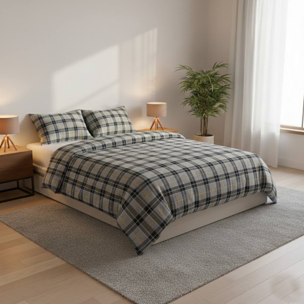 Snug City Thermal Flannelette Tartan Duvet Cover Set Warm Brushed Cotton Bedding in Grey