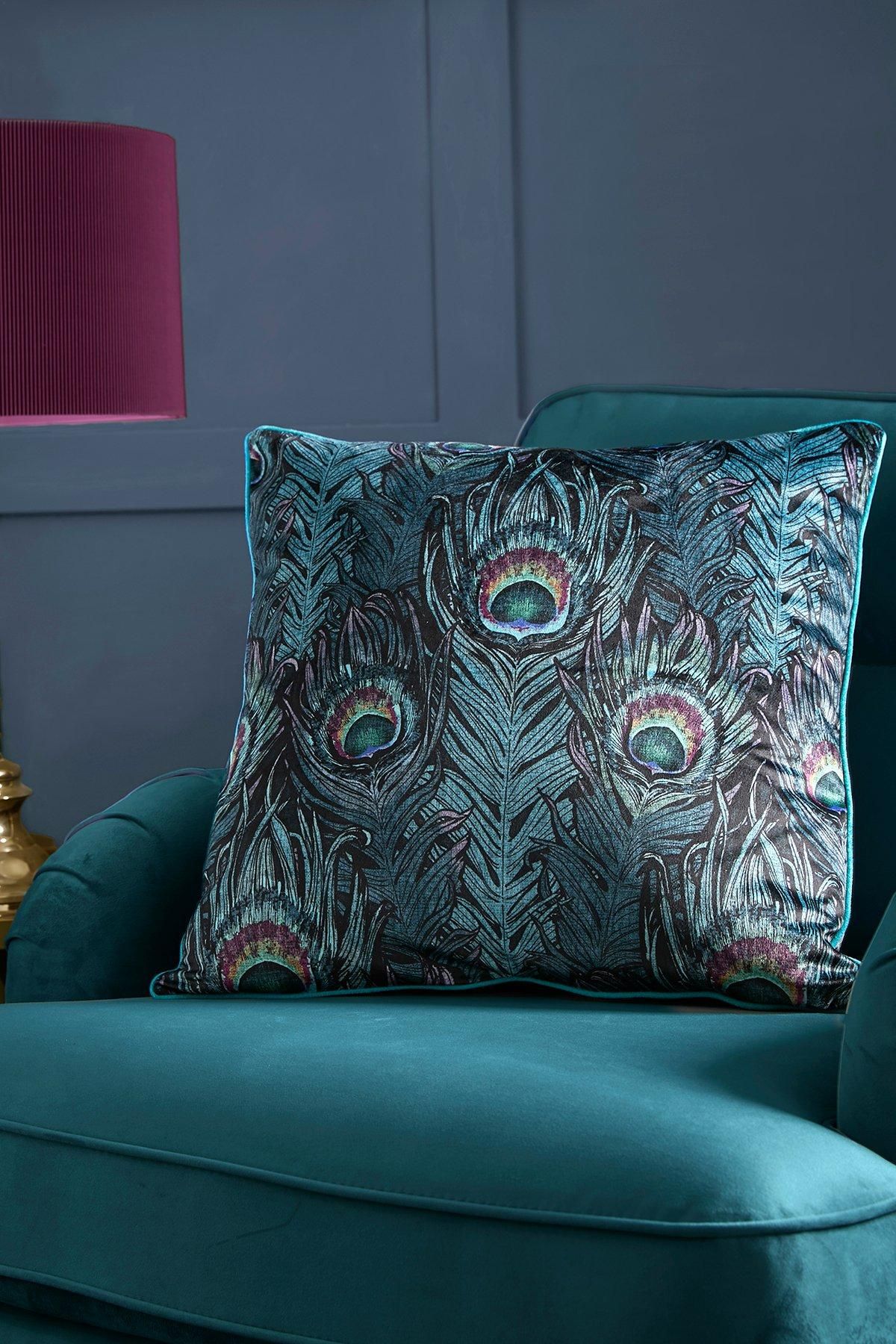 Laurence Llewelyn-Bowen 'Dandy Peacock' Jacquard Filled Cushion in Teal