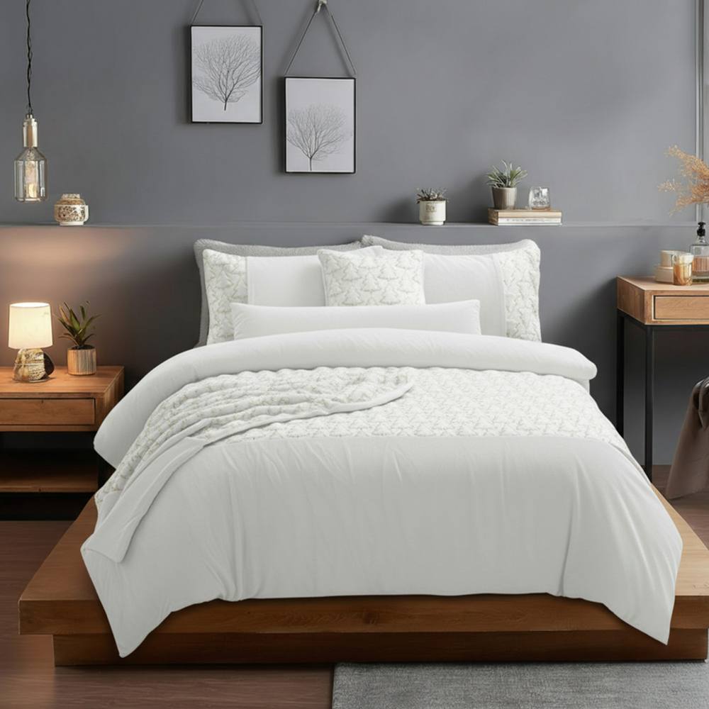 Snug City Ultra Soft Teddy Duvet Cover Set Christmas Tree Cozy Fleece Bedding in White