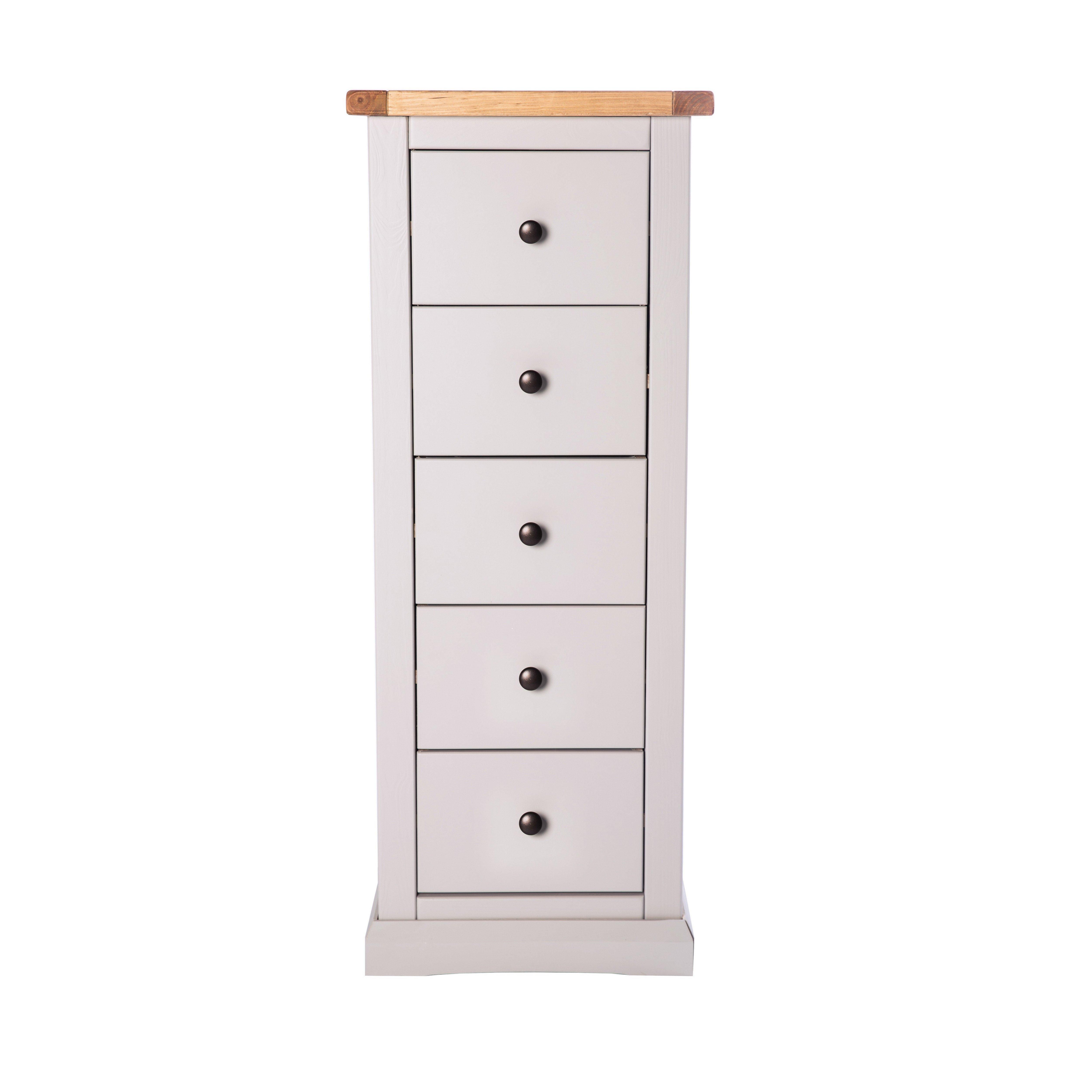 Cabinet Bits Loreo 5 Drawer Narrow Chest of Drawers Brass Knob in Light Grey