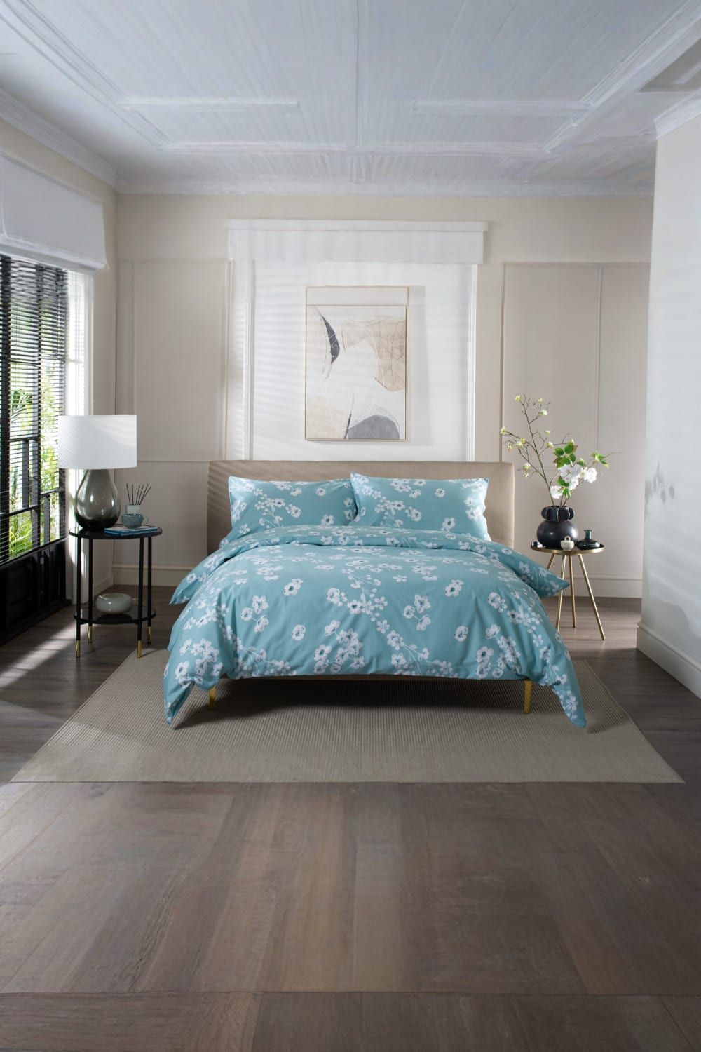 The Lyndon Company Petite Fleure Printed 100% Cotton Duvet Cover Set with Piped Edges in Duck Egg Blue