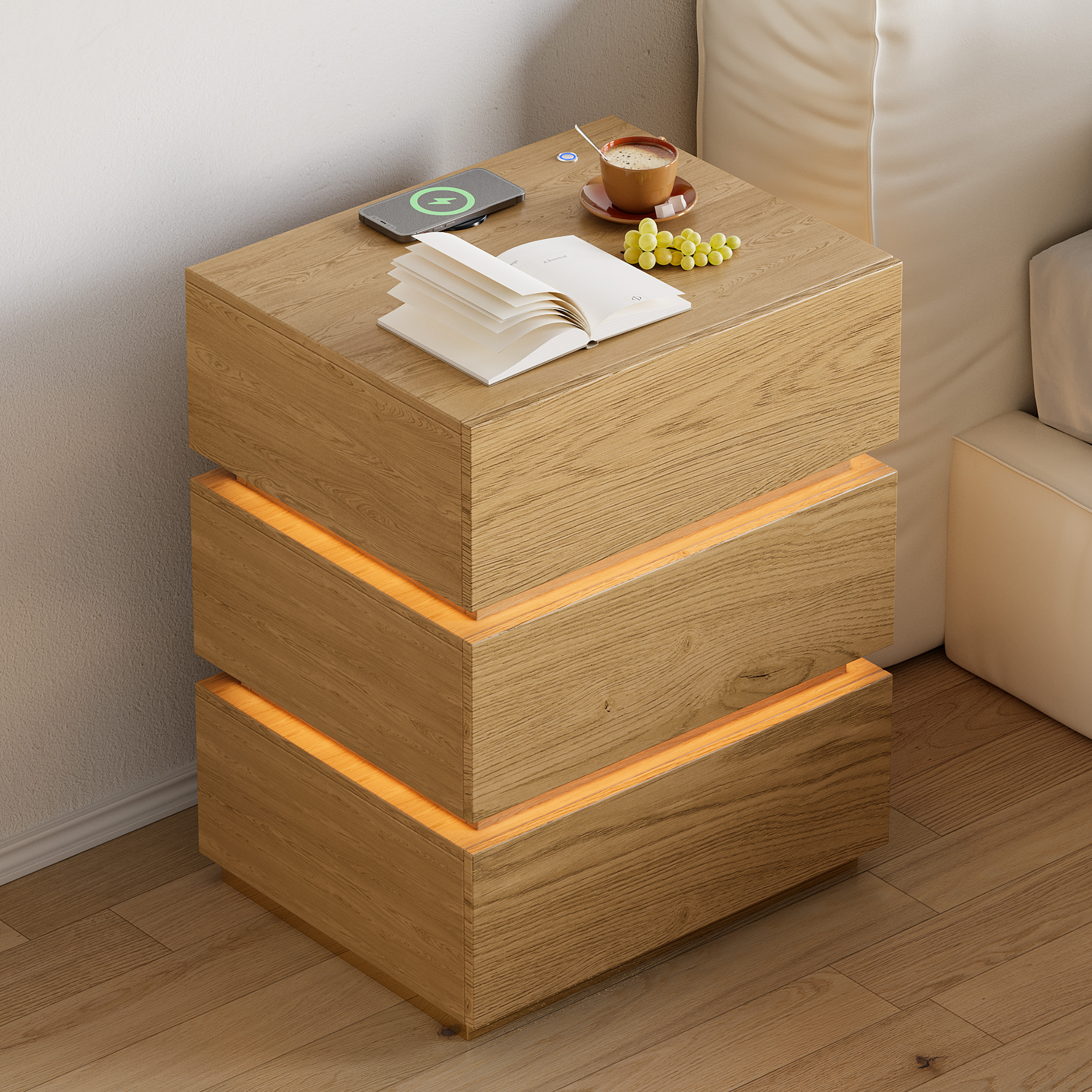 Smart LED Natural Nightstand Wireless Charging Station Wood Bedside Table with Light Modern Set of 2
