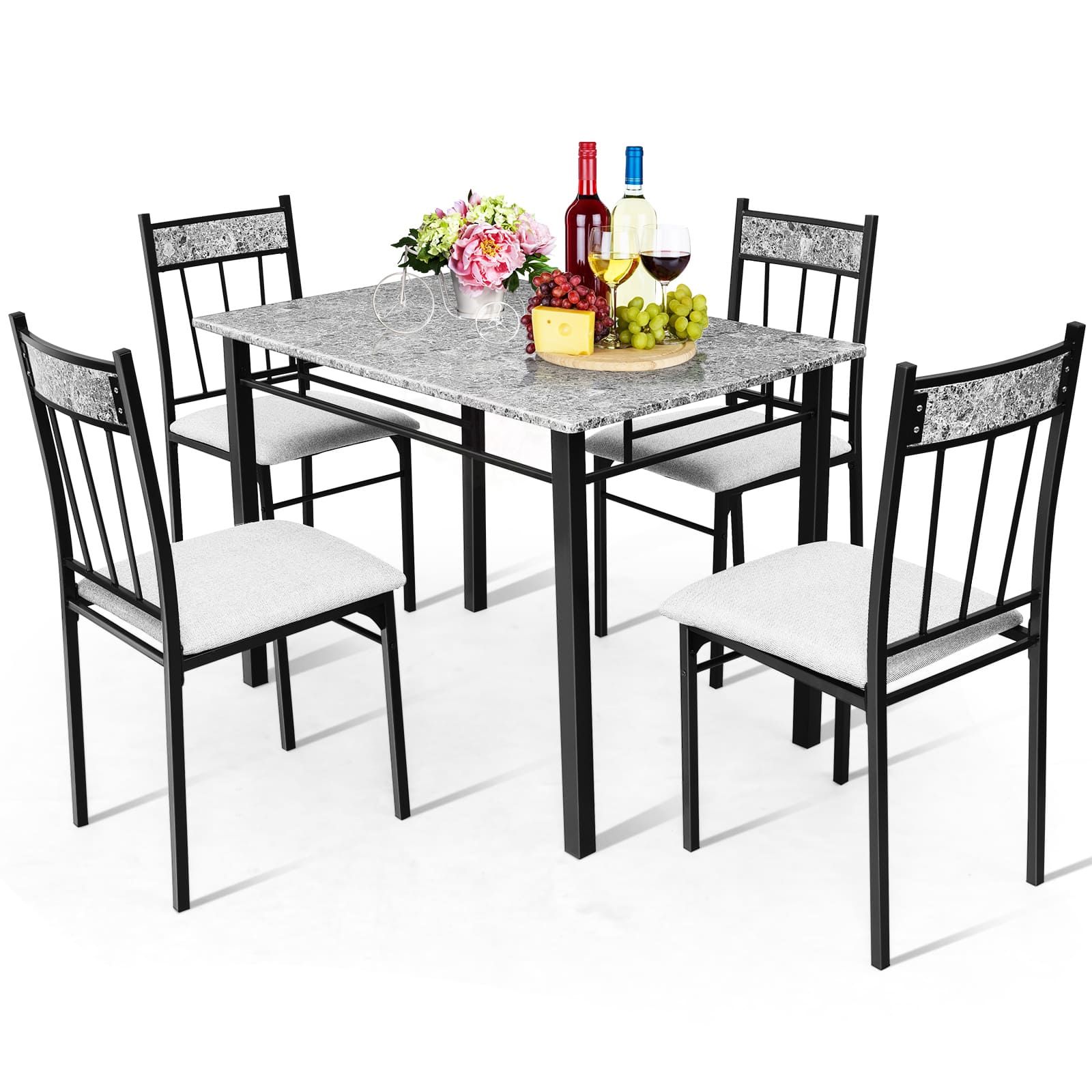 Costway Marble 5-piece Kitchen Dining Set Dining table w/Sponge Cushion-Grey in Grey