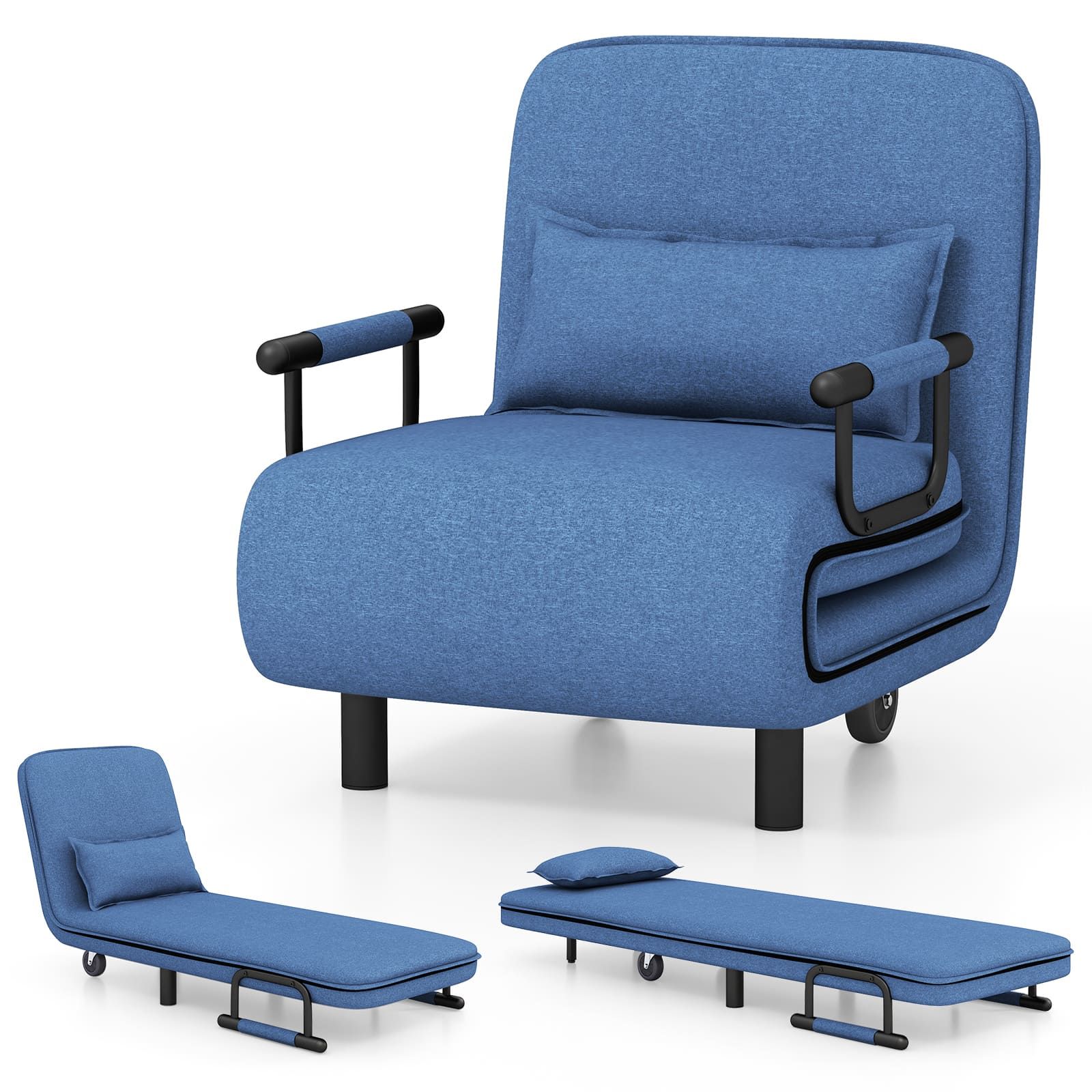 Costway Single Folding Sofa Bed Chair Modern Fabric Sleep Function Holder-Blue in Blue