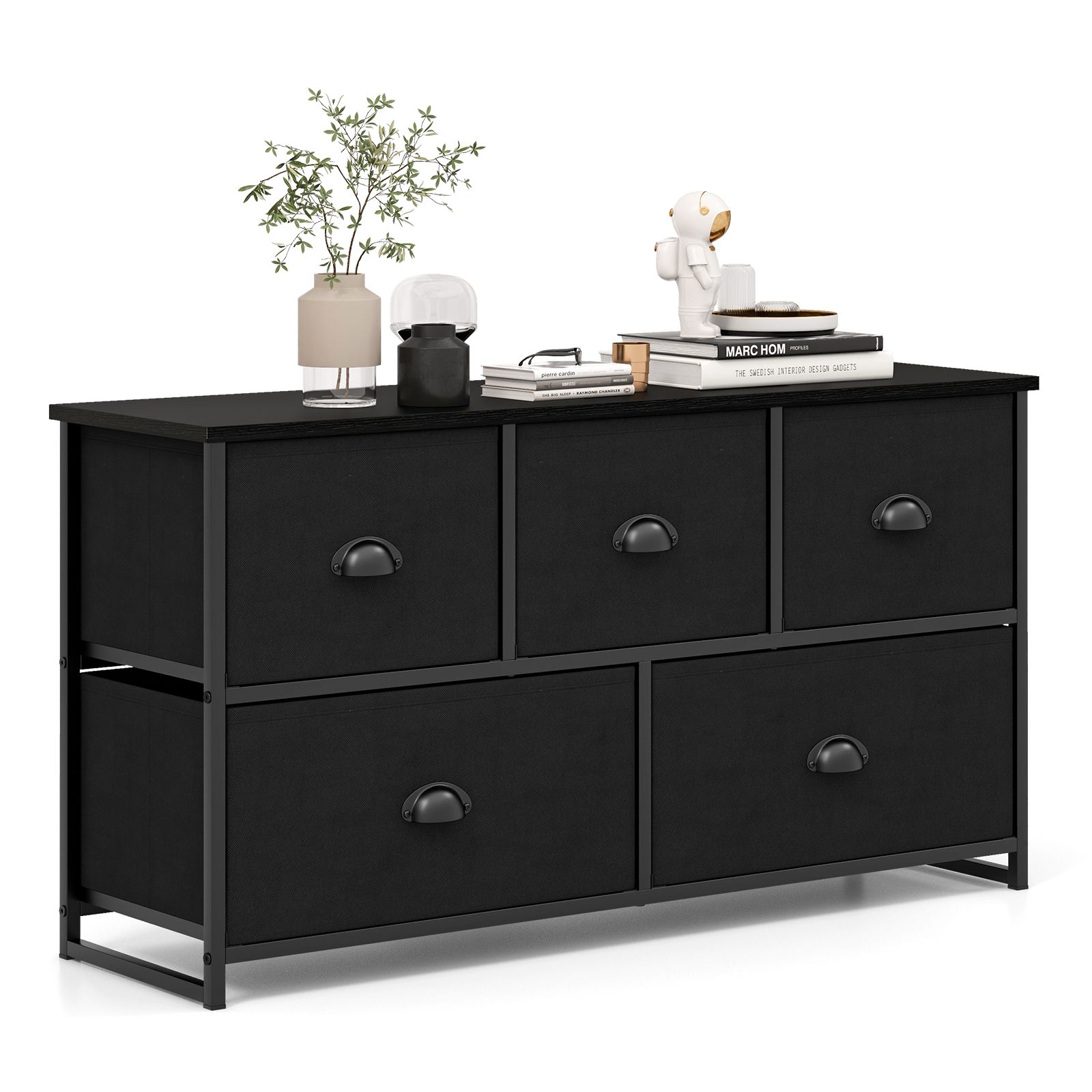 Costway 5 Drawers Cabinet 2-Tier Fabric Storage Organizer Chest of Drawers w/ Baskets in Black