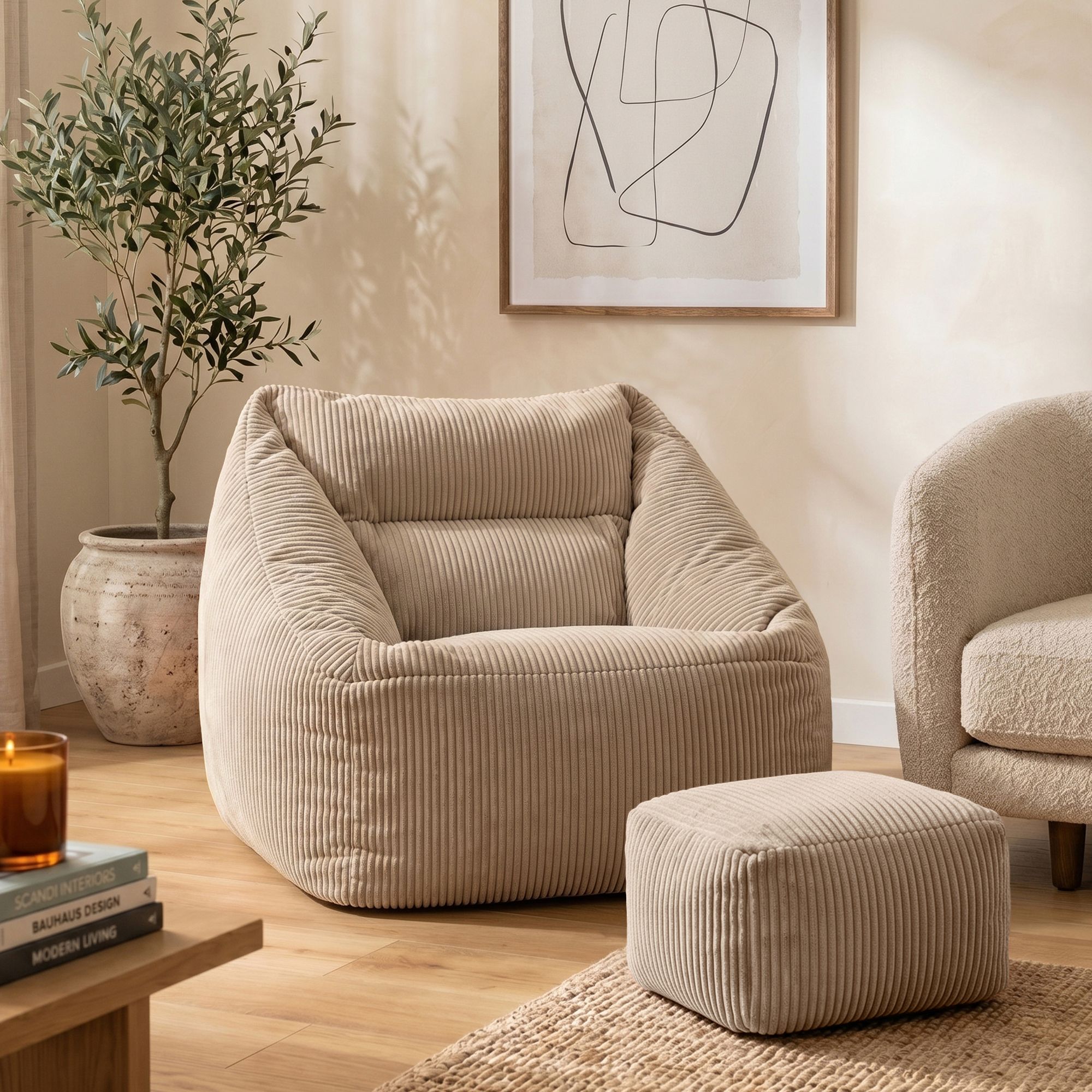 icon Bean Bag Armchair & Footstool Jumbo Cord Bundle in Natural