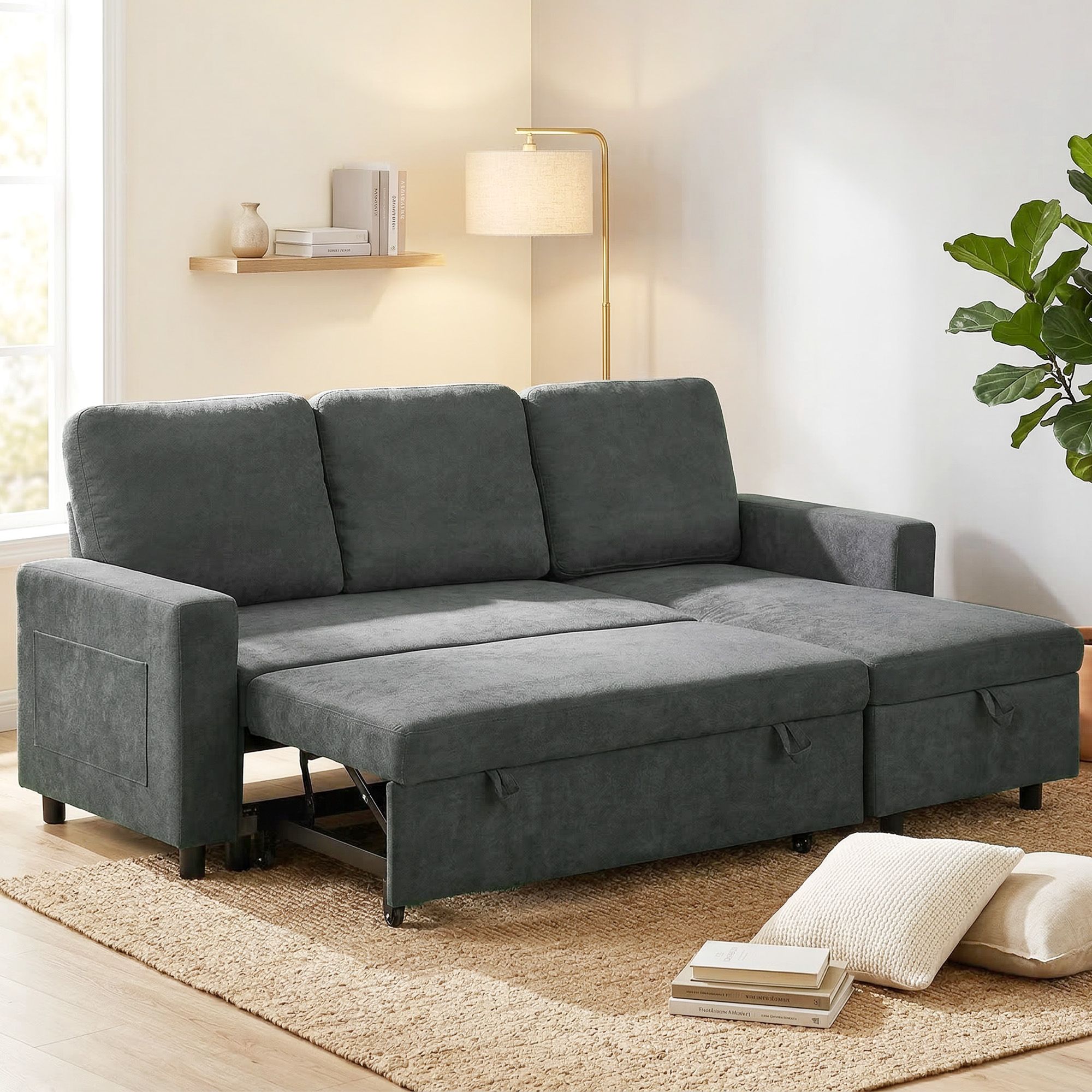 HOMCOM Pull Out Sofa Bed L Shape Corner Sofa w/ Reversible Chaise in Dark Grey