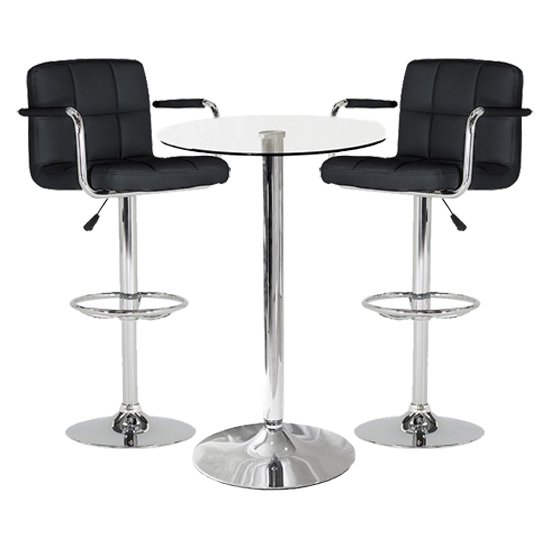 Gino Bistro Glass Bar Table With 2 Black Miami Bar Stools