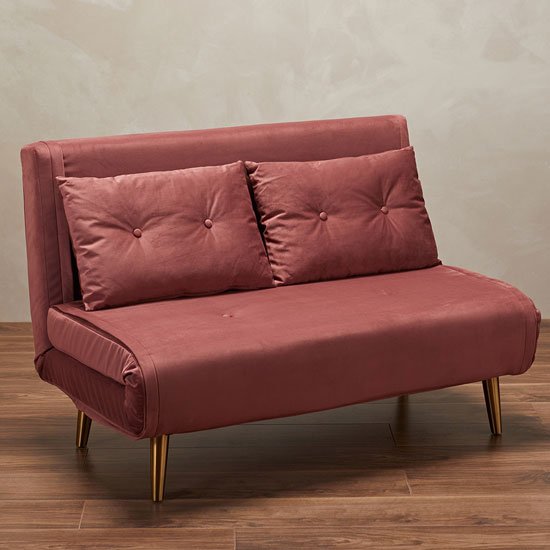 Madison Velvet Upholstered Sofa Bed In Pink With Gold Legs