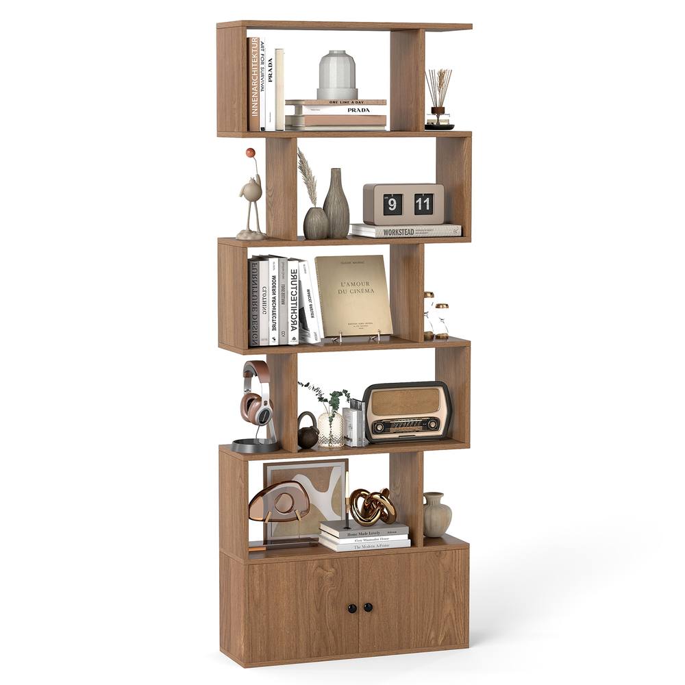 Costway 6-Tier Bookshelf w/ Cabinet S-Shaped Bookcase Shelf Storage Organizer in Natural