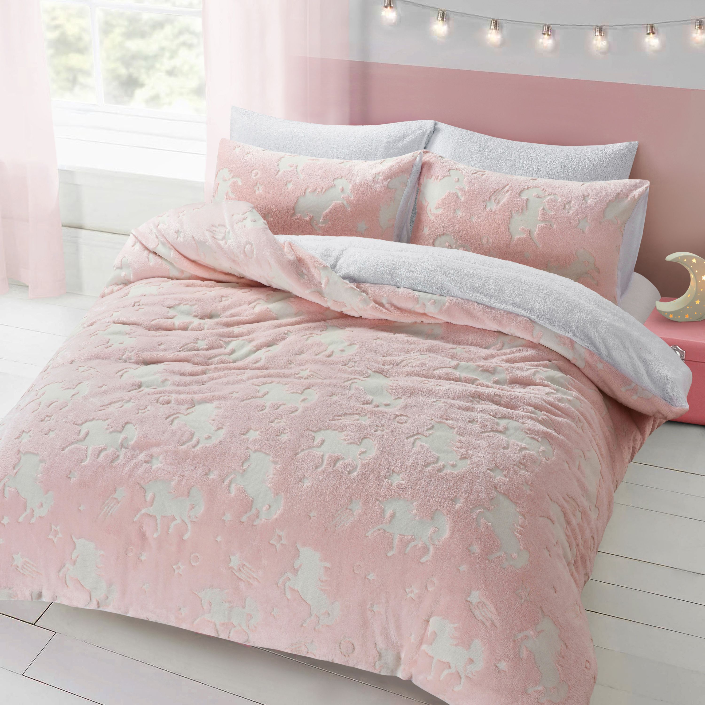 Velosso Glow In The Dark Teddy Unicorn Warm & Cosy Duvet Cover & Pillowcase Set in Pink