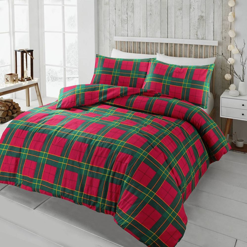 Homes-Linen 100% Brushed Cotton Tartan Flannelette Duvet Cover Set in Red